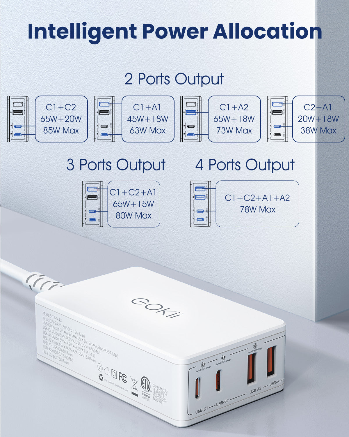 Eokii 78W 4-Port PD Fast USB C Wall Charger