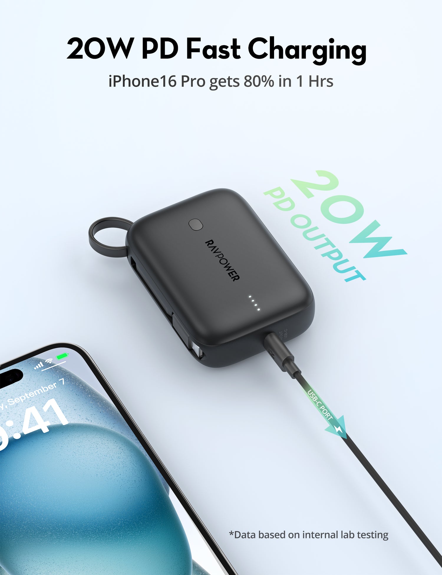 RAVPower PB-1224 Air 10000mAh PD20W Power Bank with Built-in Cable