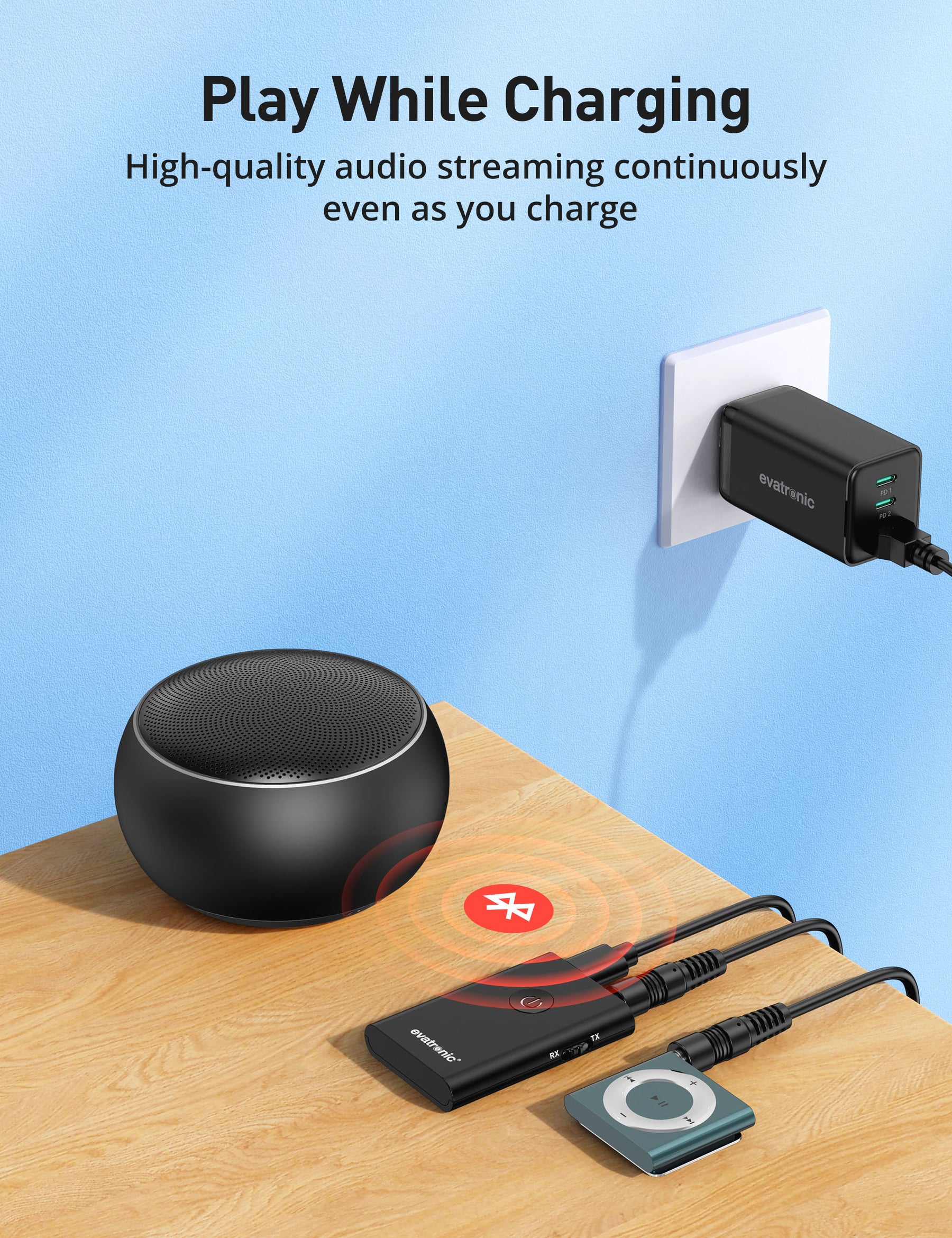 Evatronic BA006 2-in-1 Wireless V5.0 Bluetooth Audio Adapter