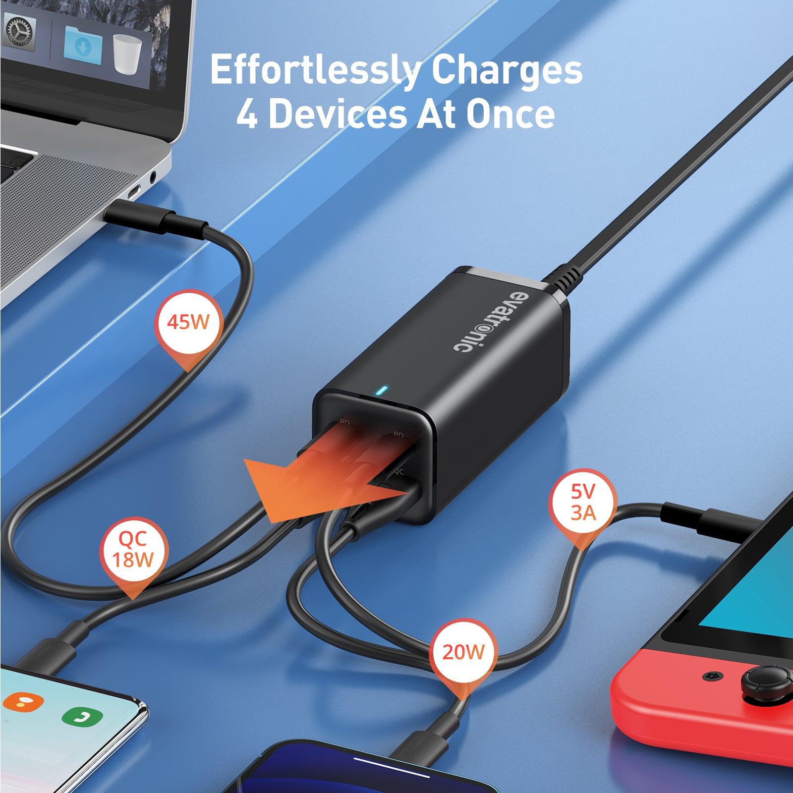 Evatronic ET-PC017 100W 4-Port Desktop PD 3.0 GaN PPS USB Charging Station