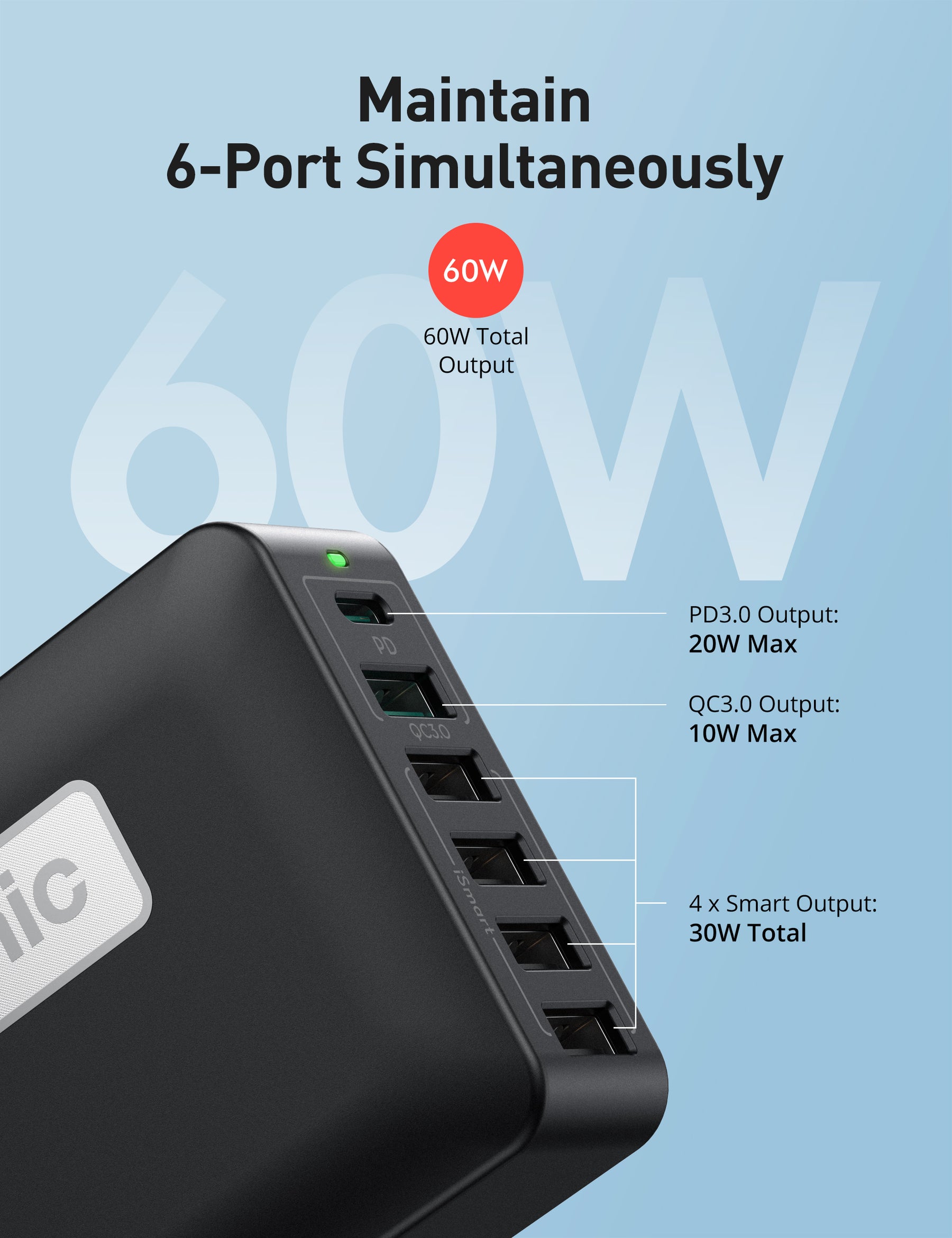 Evatronic PC014 PD 3.0 60W 6-Port Desktop Charger