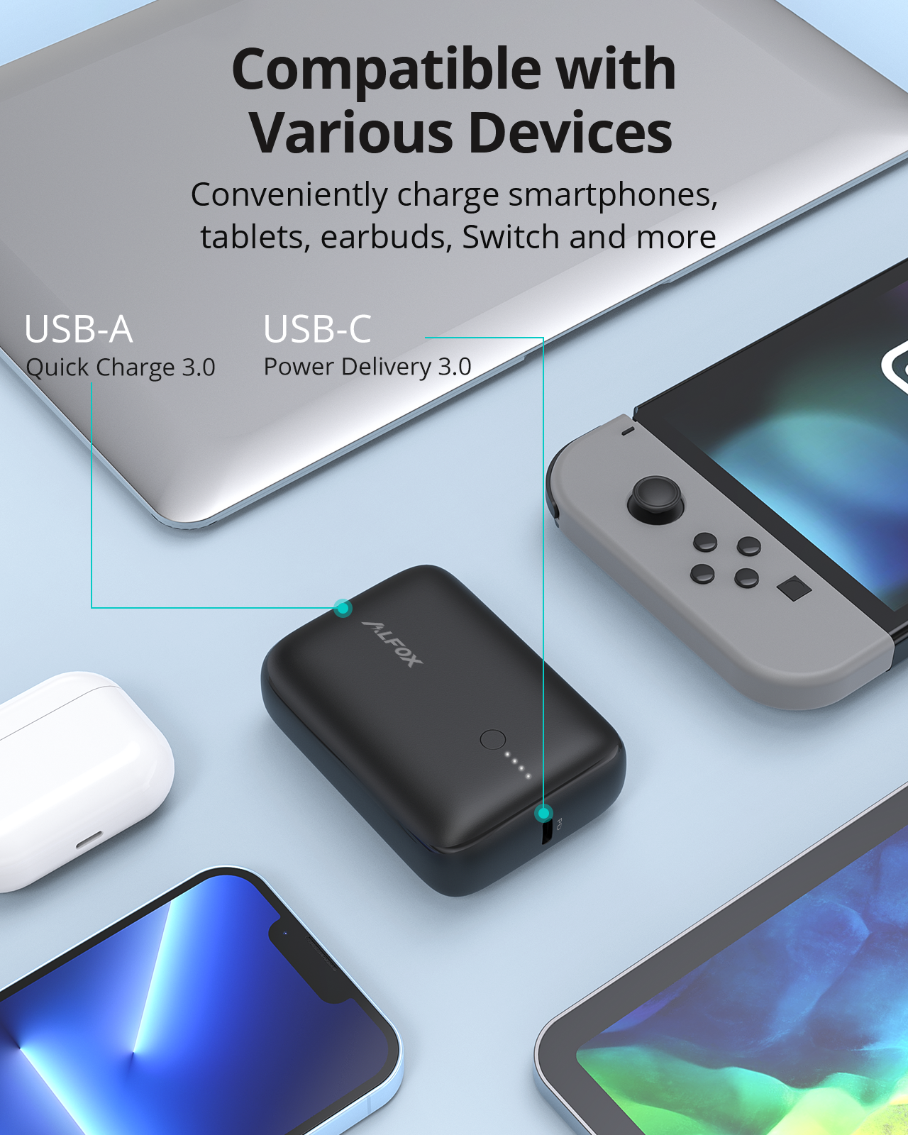 Alfox 10000mAh 20W PD3.0 + USB-C Mini Power Bank PB002