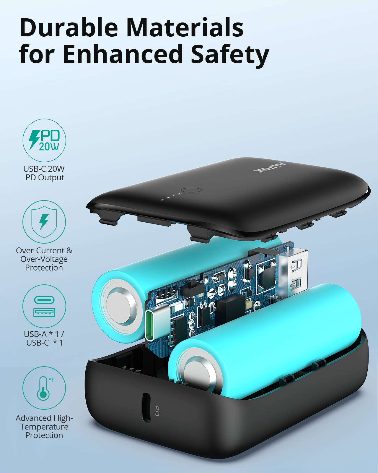 Alfox 10000mAh 20W PD3.0 + USB-C Mini Power Bank PB002