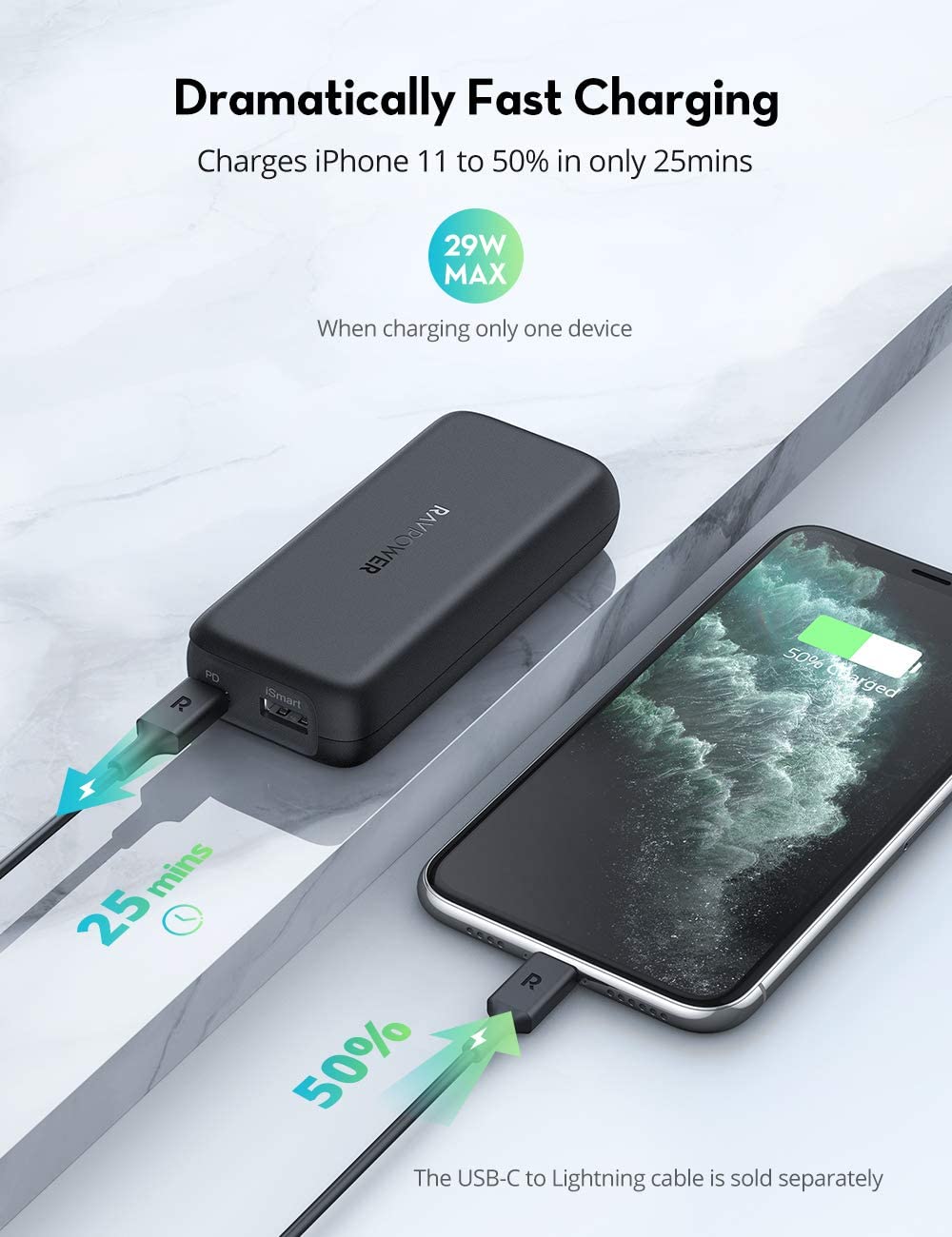 PD/QC 10000mAh Power Bank 20W USB C Portable Charger for iPhone12-RAVPower