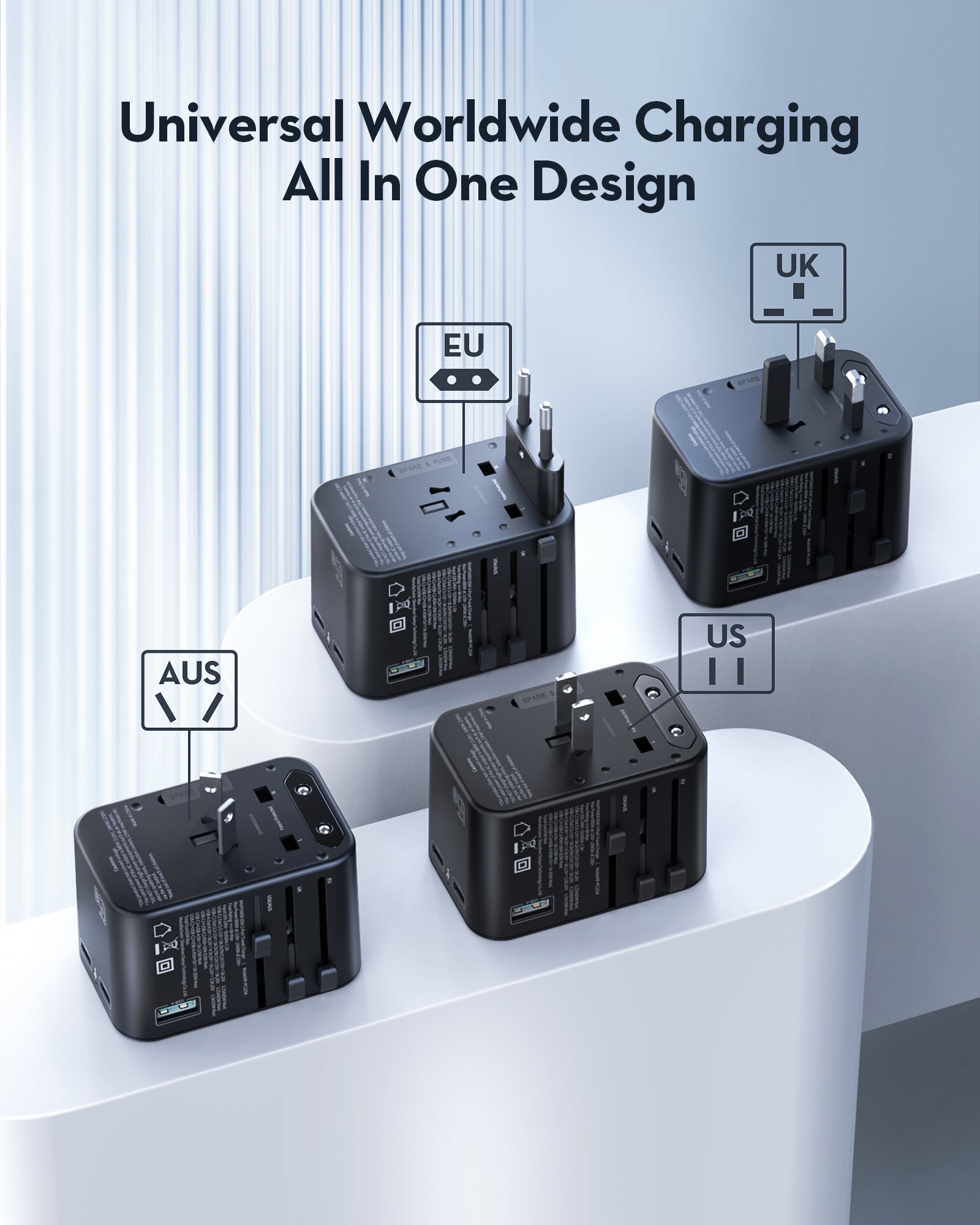 RAVPower RP-PC1034 GaN 65W Travel Adapter 4-Port PD Power Charger with 1 AC, 2 USB-C and 1 USB-A Ports