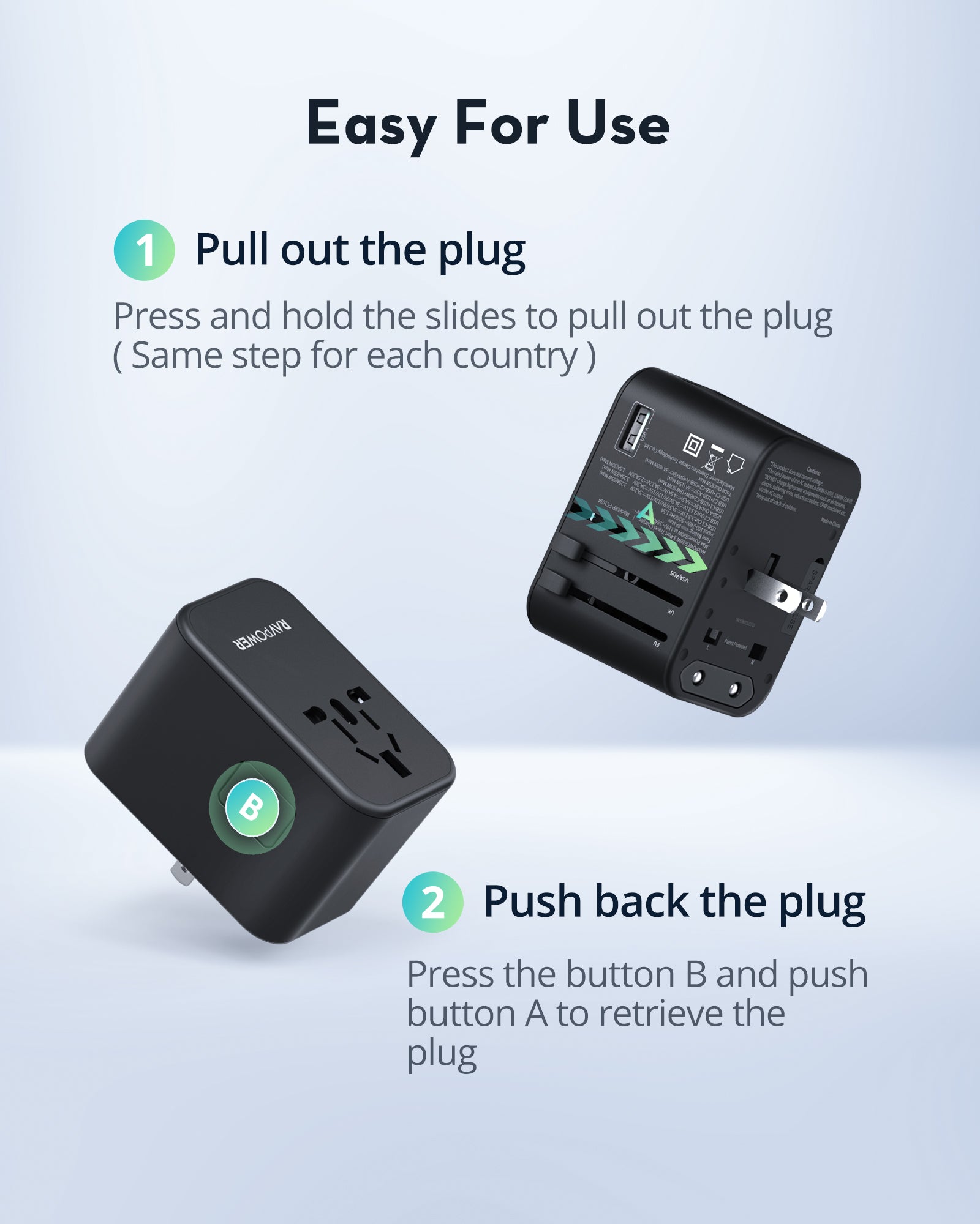 RAVPower RP-PC1034 GaN 65W Travel Adapter 4-Port PD Power Charger with 1 AC, 2 USB-C and 1 USB-A Ports