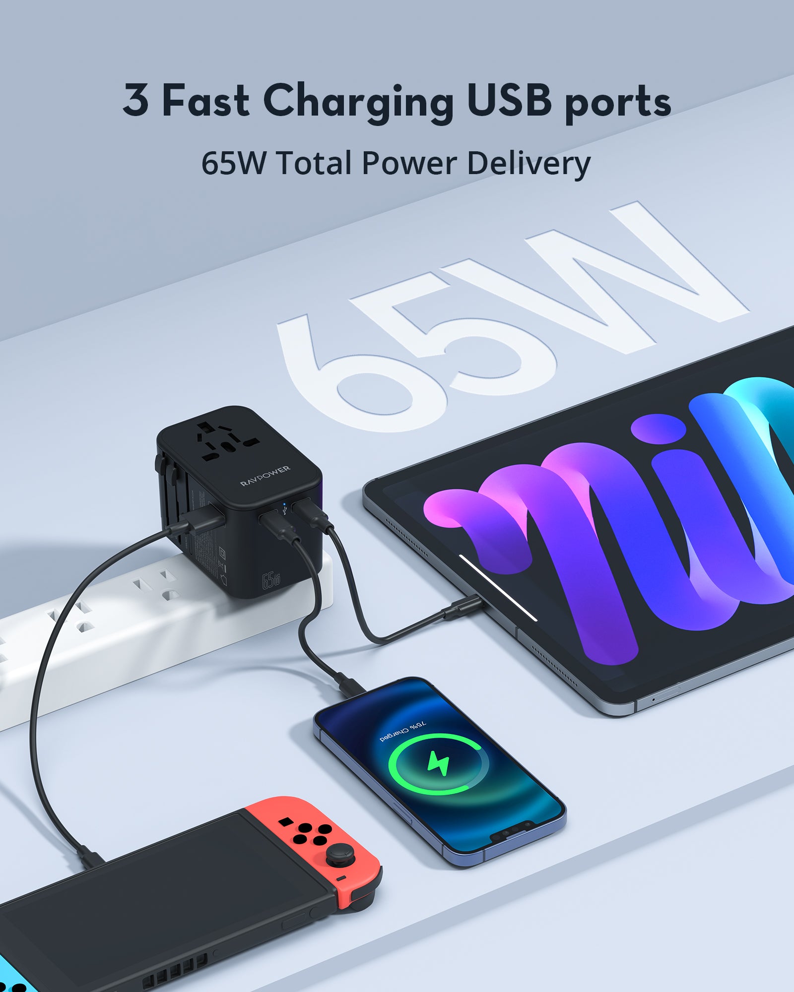 RAVPower RP-PC1034 GaN 65W Travel Adapter 4-Port PD Power Charger with 1 AC, 2 USB-C and 1 USB-A Ports