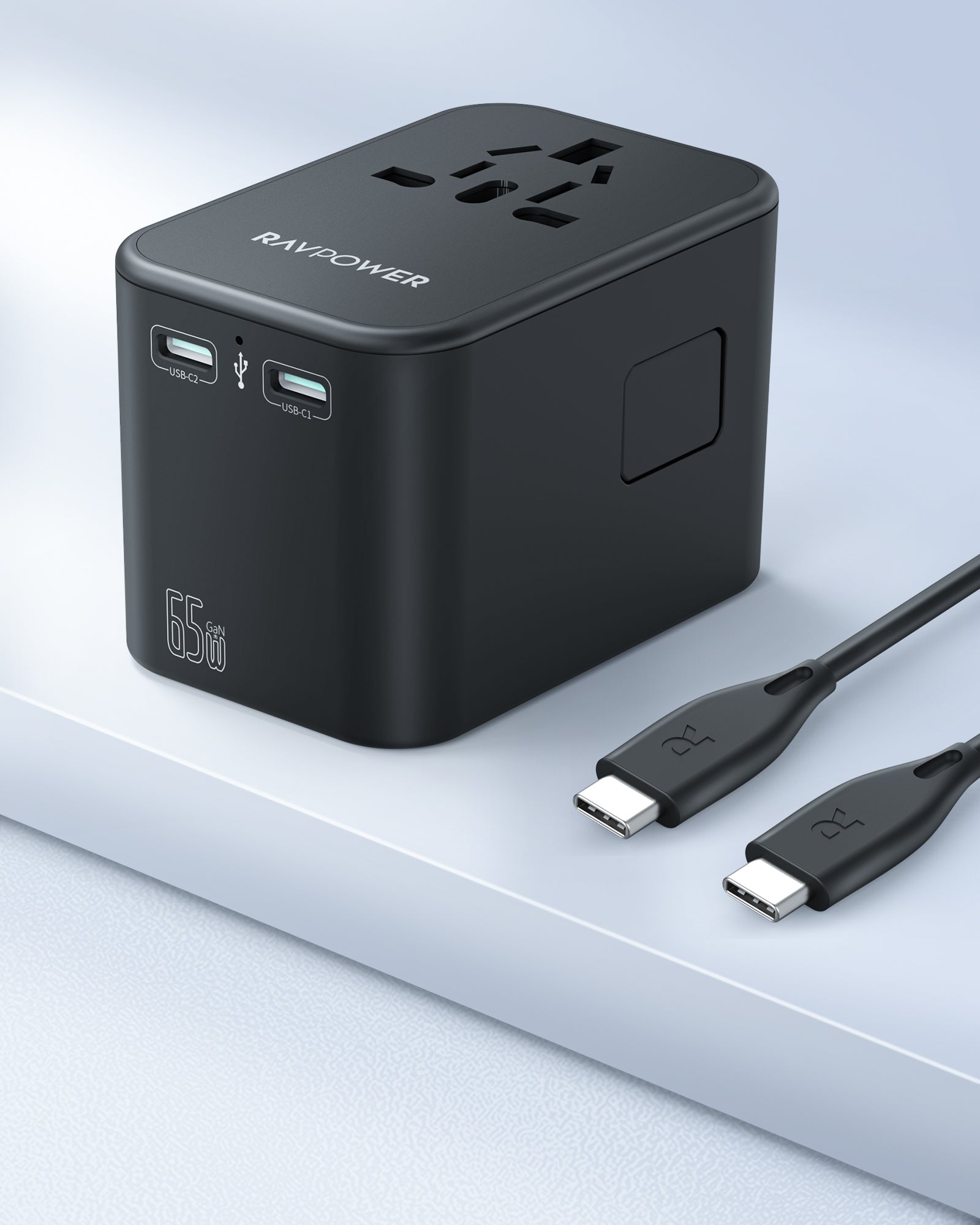 RAVPower RP-PC1034 GaN 65W Travel Adapter 4-Port PD Power Charger with 1 AC, 2 USB-C and 1 USB-A Ports