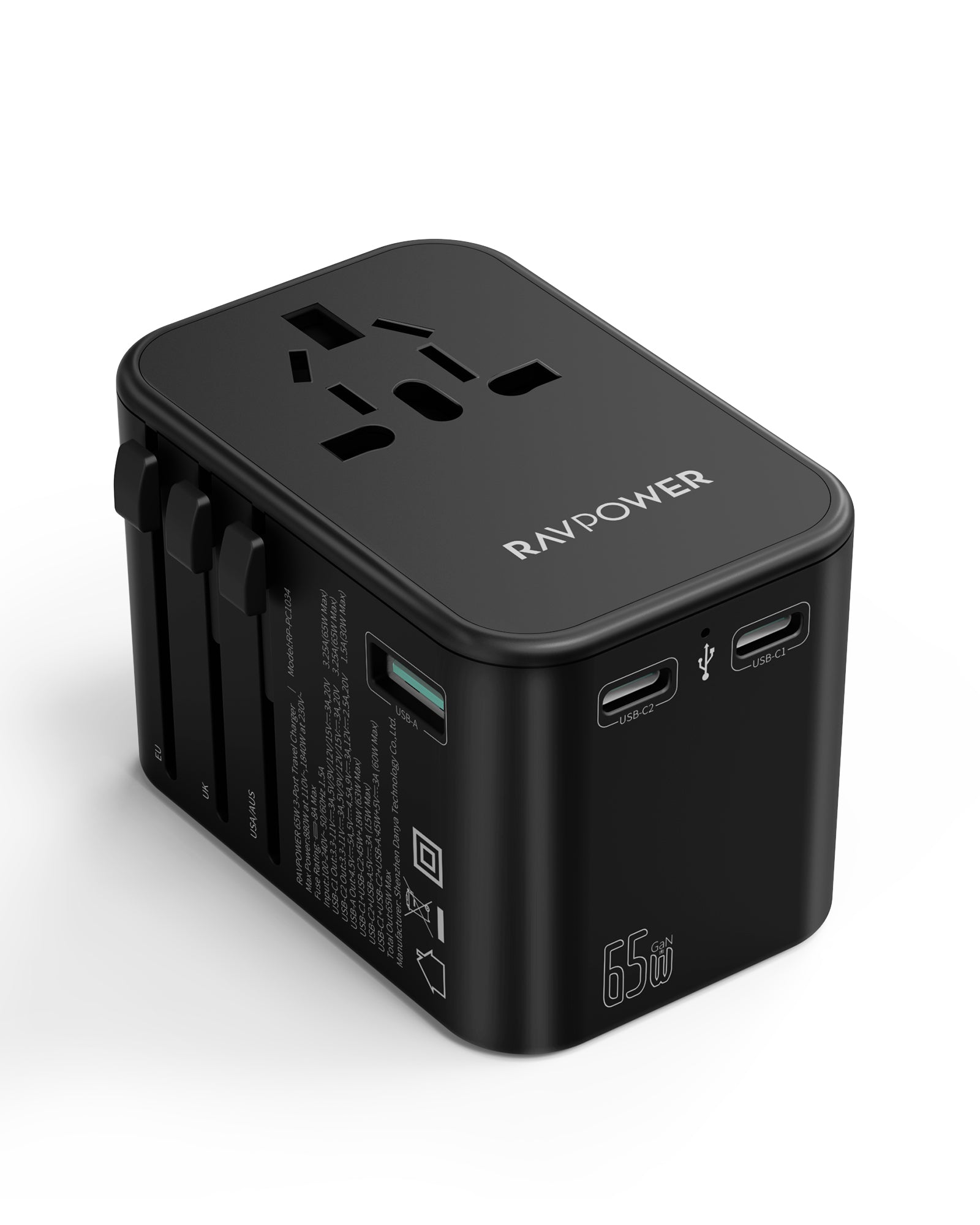 RAVPower RP-PC1034 GaN 65W Travel Adapter 4-Port PD Power Charger with 1 AC, 2 USB-C and 1 USB-A Ports