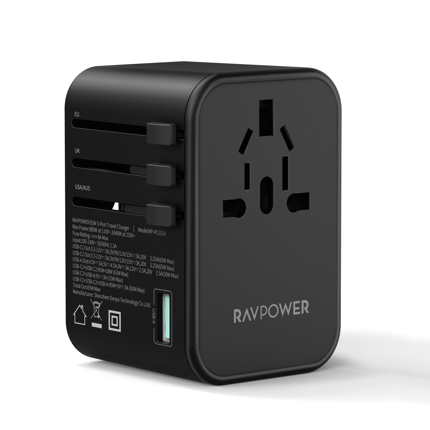 RAVPower RP-PC1034 GaN 65W Travel Adapter 4-Port PD Power Charger with