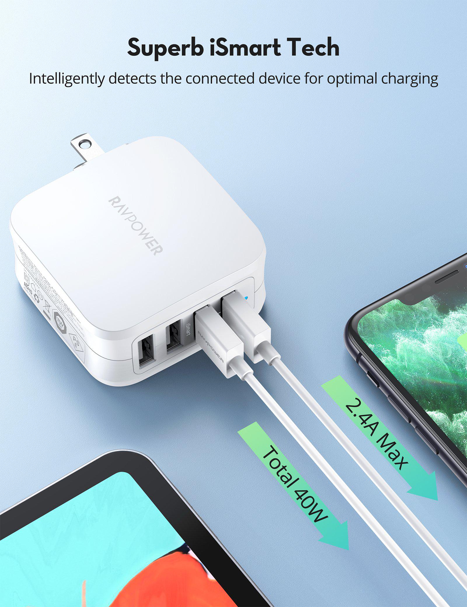 USB Wall Charger 40W 8A 4-Port with Foldable Plug, iPhone Charger-RAVPower