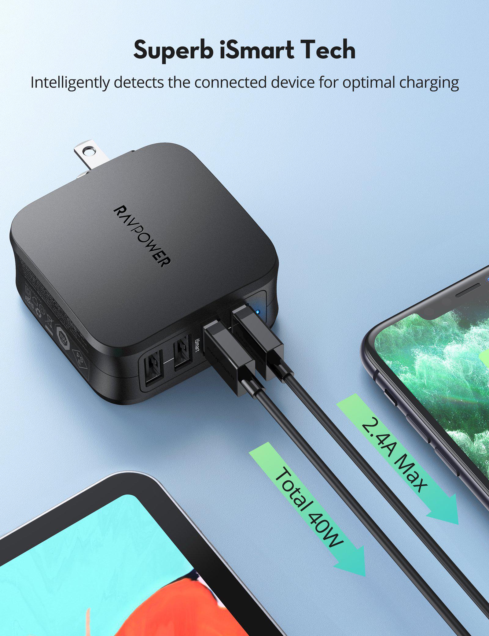 USB Wall Charger 40W 8A 4-Port with Foldable Plug, iPhone Charger-RAVPower