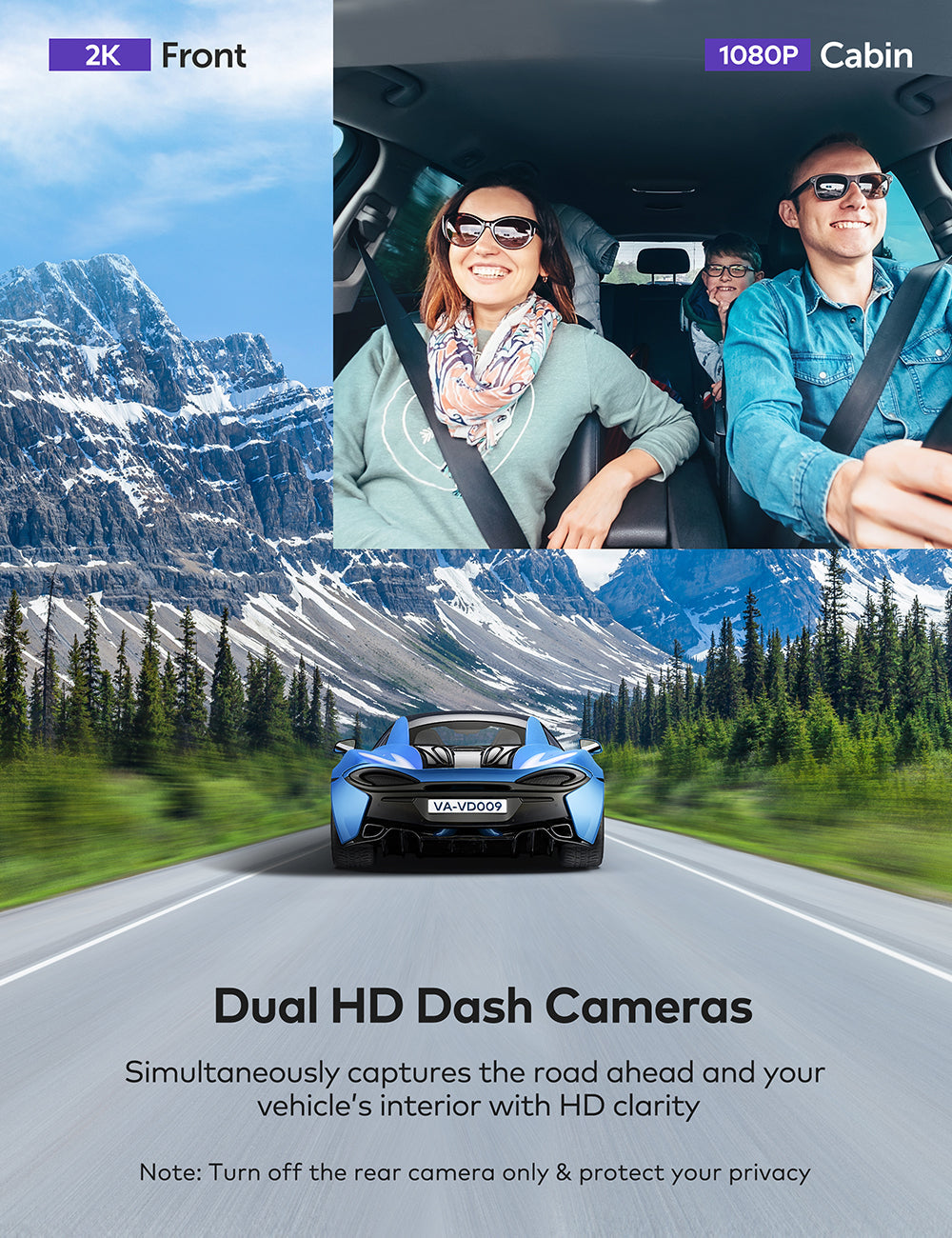 VAVA 2K Dual Dash Cam with Car Charger