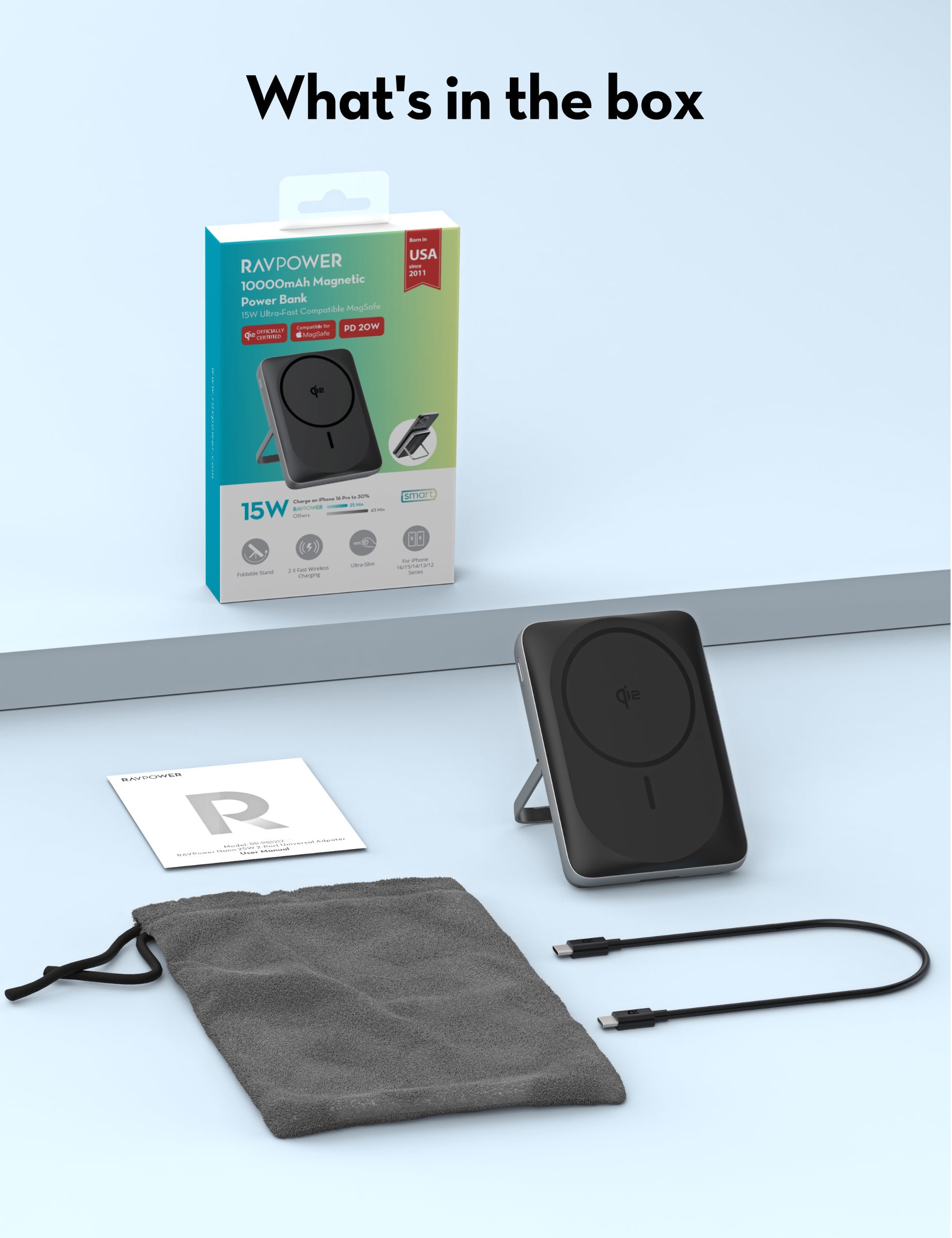 RAVPower RP-PB1217 10000mAh 20W Wired & Wireless Magnetic Power Bank Built-in Foldable Kickstand