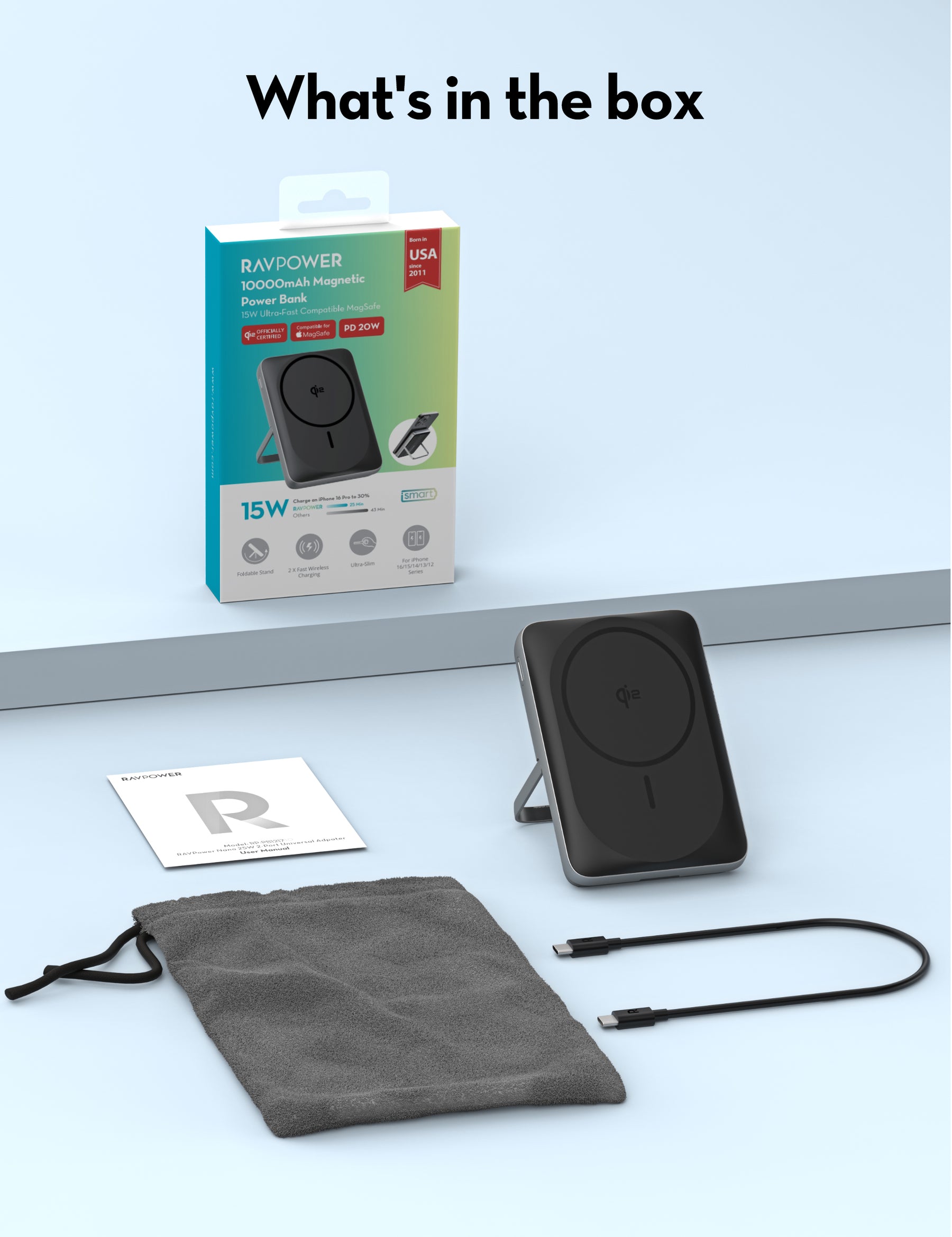 بنك طاقة مغناطيسي سلكي ولاسلكي RAVPower RP-PB1217 بسعة 10000 مللي أمبير/ساعة وقوة 20 وات مع حامل مدمج قابل للطي