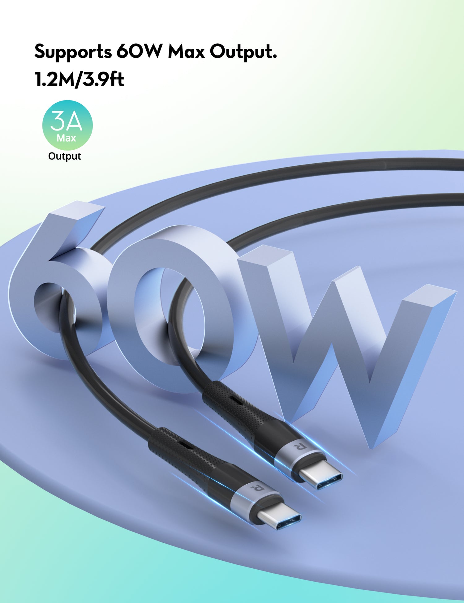 2 Pack RAVPower 60W Charge & Sync 60W Silicone C-C Cable 1M RP-CB1038