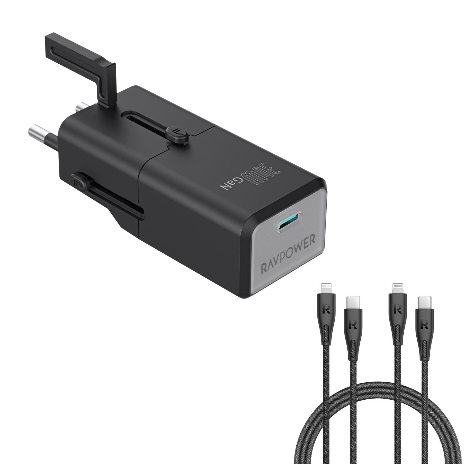 RAVPower RP-PC1060 Nano 30W Travel Adapter + 2 Pack RP-CB1018 Type-C to Lightning Cable 2m