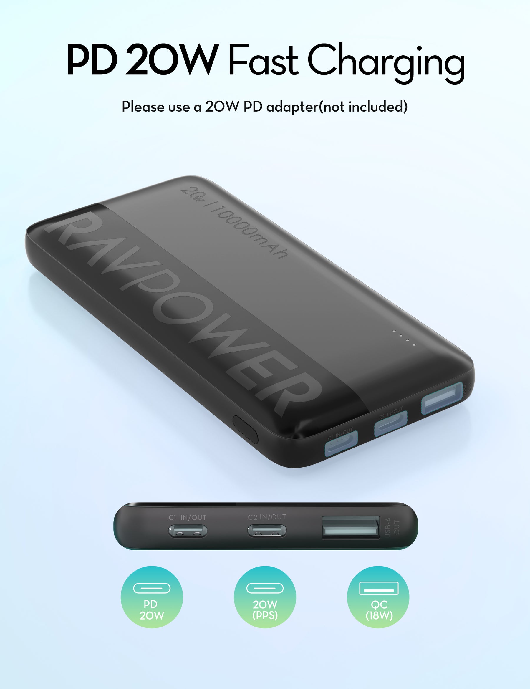 RAVPower RP-PB1228 PD Pioneer 10000mAh 20W Power Bank Black