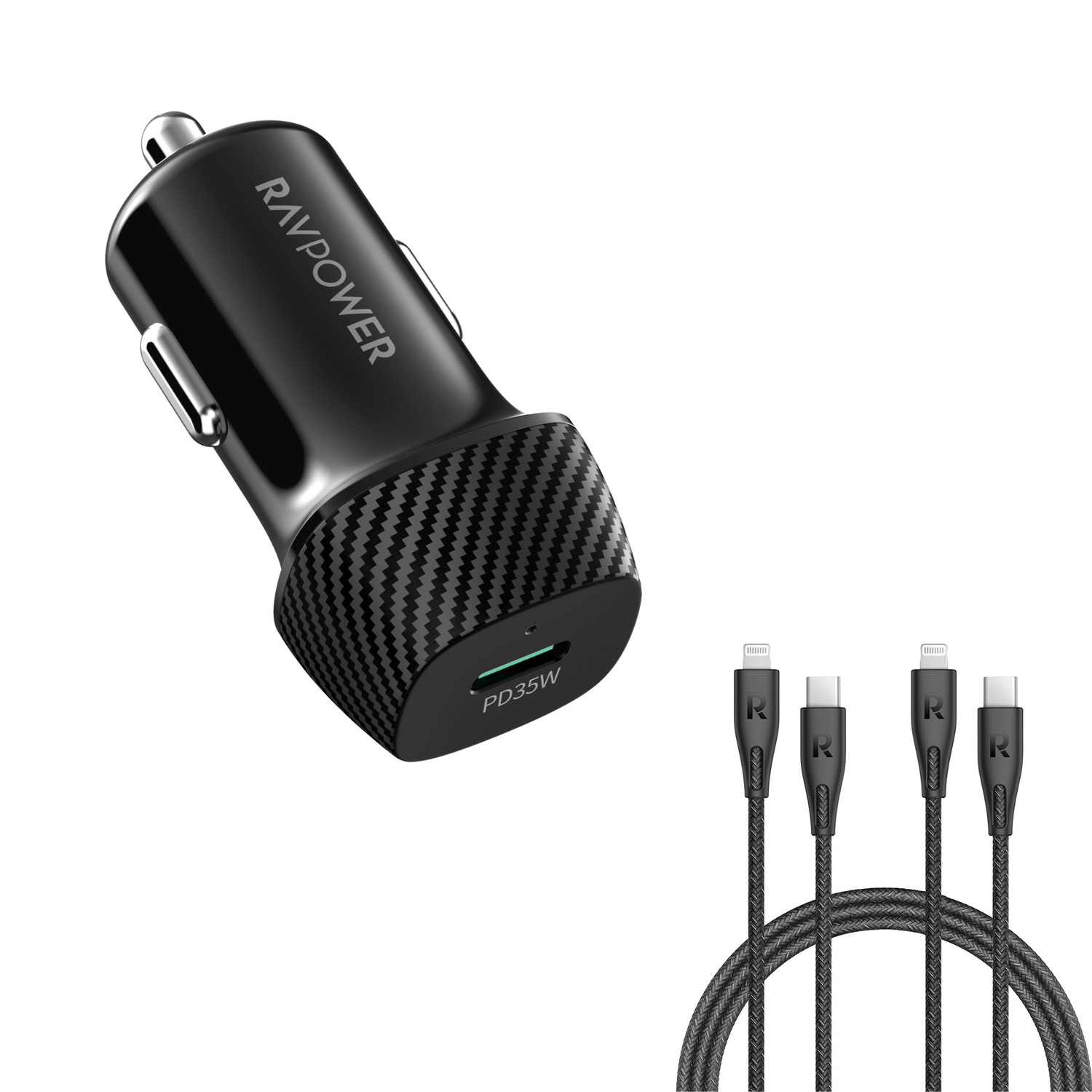 RP-VC1020 Car Chargers + 2 Pack RP-CB1018 Type-C to Lightning Cable 2m