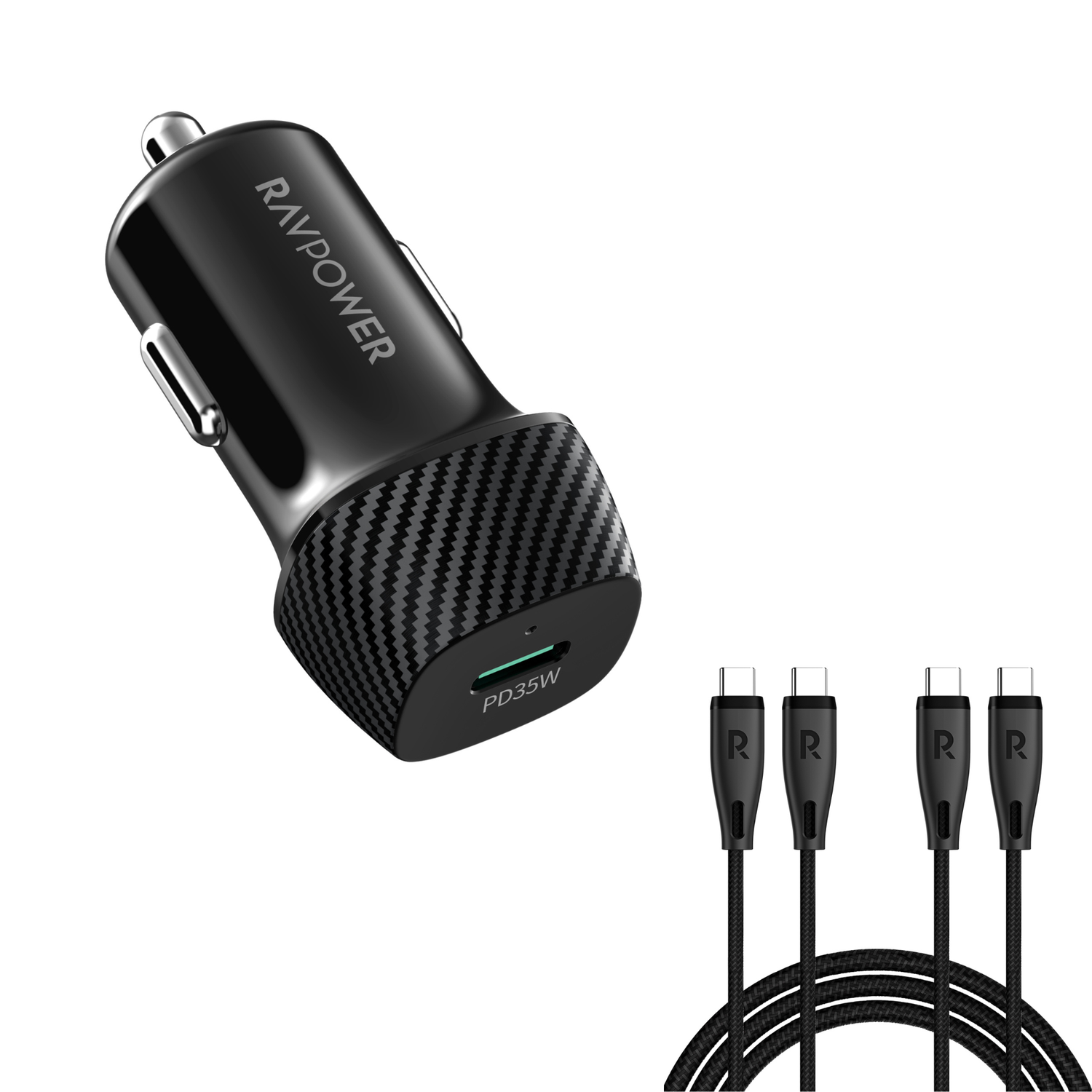 RP-VC1020 Car Chargers + 2 Pack RP-CB1037 60W C-C 1.2M USB2.0 3A Cable