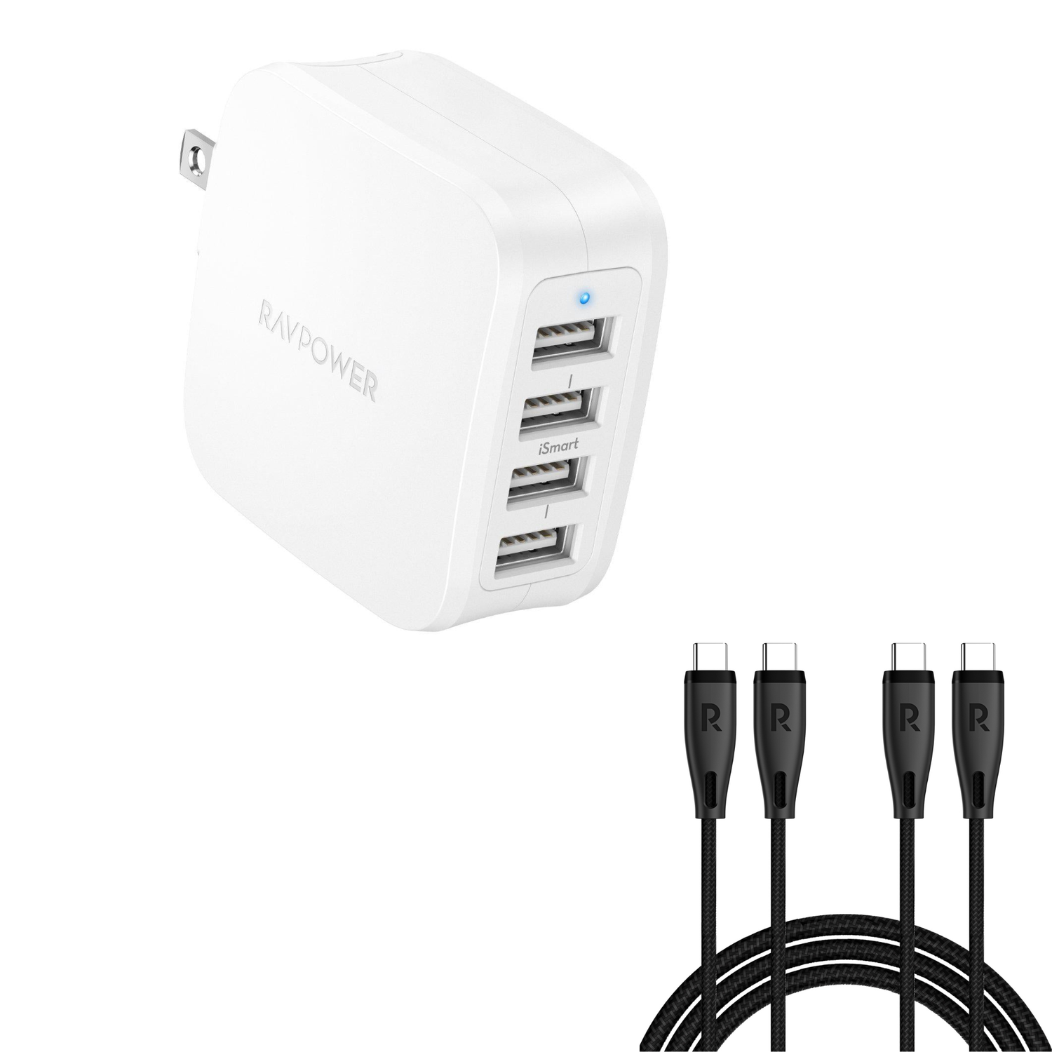 RAVPower USB Wall Charger 40W 8A 4-Port with Foldable Plug, iPhone Charger + 2 Pack RP-CB1037 60W C-C 1.2M USB2.0 3A Cable