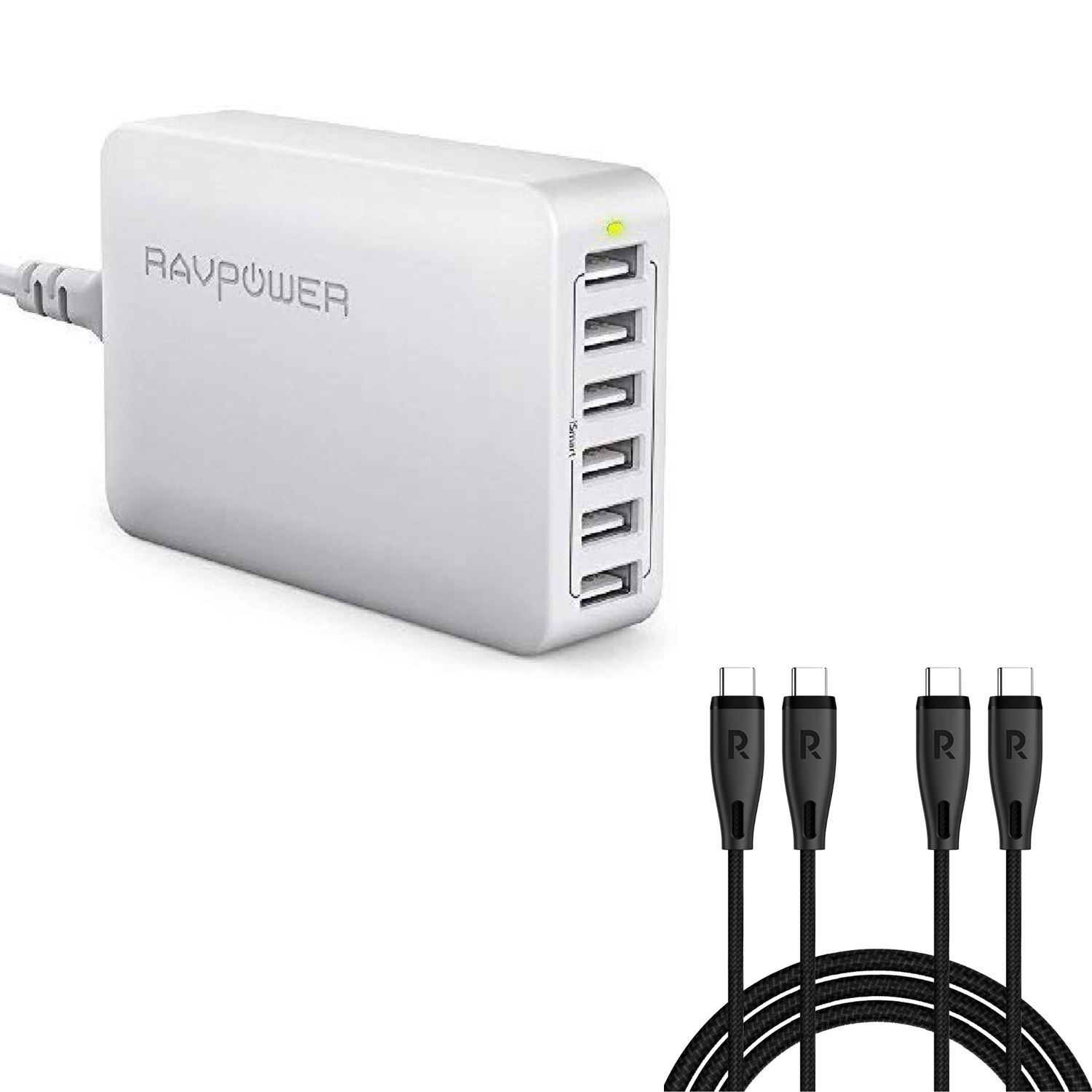 RAVPower 60W 12A 6-Port Desktop Charger + 2 Pack RP-CB1037 60W C-C 1.2M USB2.0 3A Cable