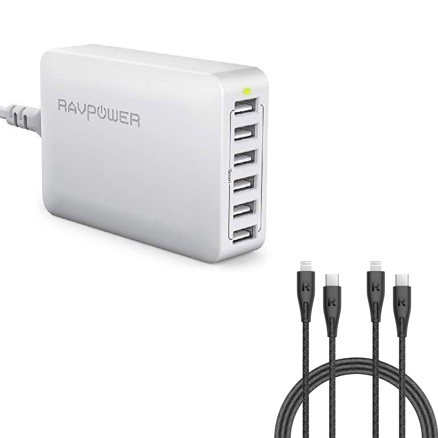 RAVPower 60W 12A 6-Port Desktop Charger + 2 Pack RP-CB1018 Type-C to Lightning Cable 2m