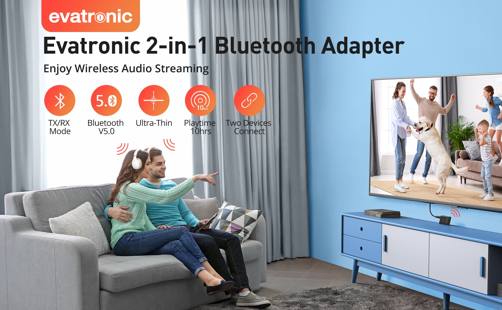 Evatronic Adaptateur Bluetooth, V5.0 - Réception et Envoi 2 en 1 -  Adaptateur Bluetooth sans Fil 3,5 mm - pour couplage simultané de Deux  appareils