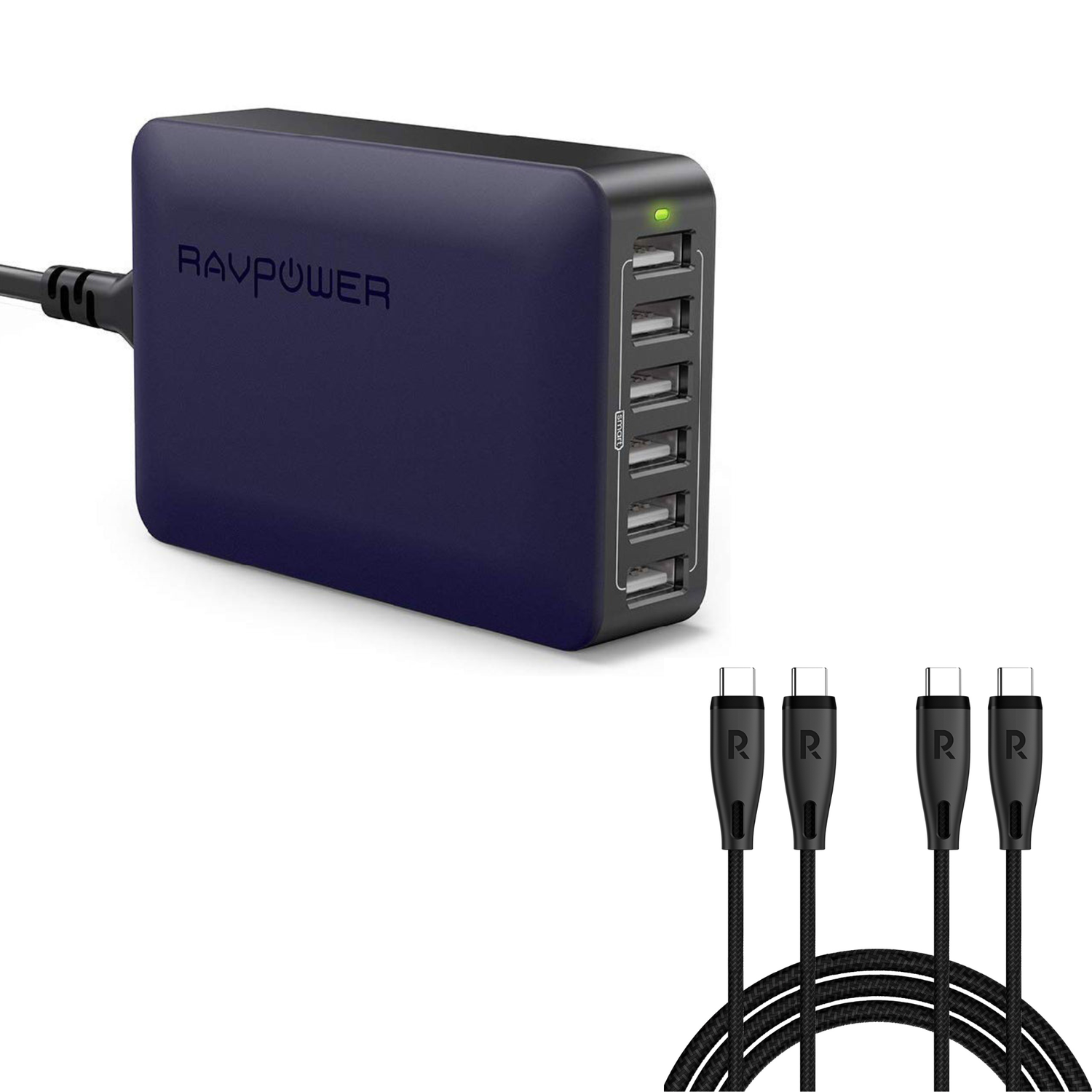 RAVPower 60W 12A 6-Port Desktop Charger + 2 Pack RP-CB1037 60W C-C 1.2M USB2.0 3A Cable