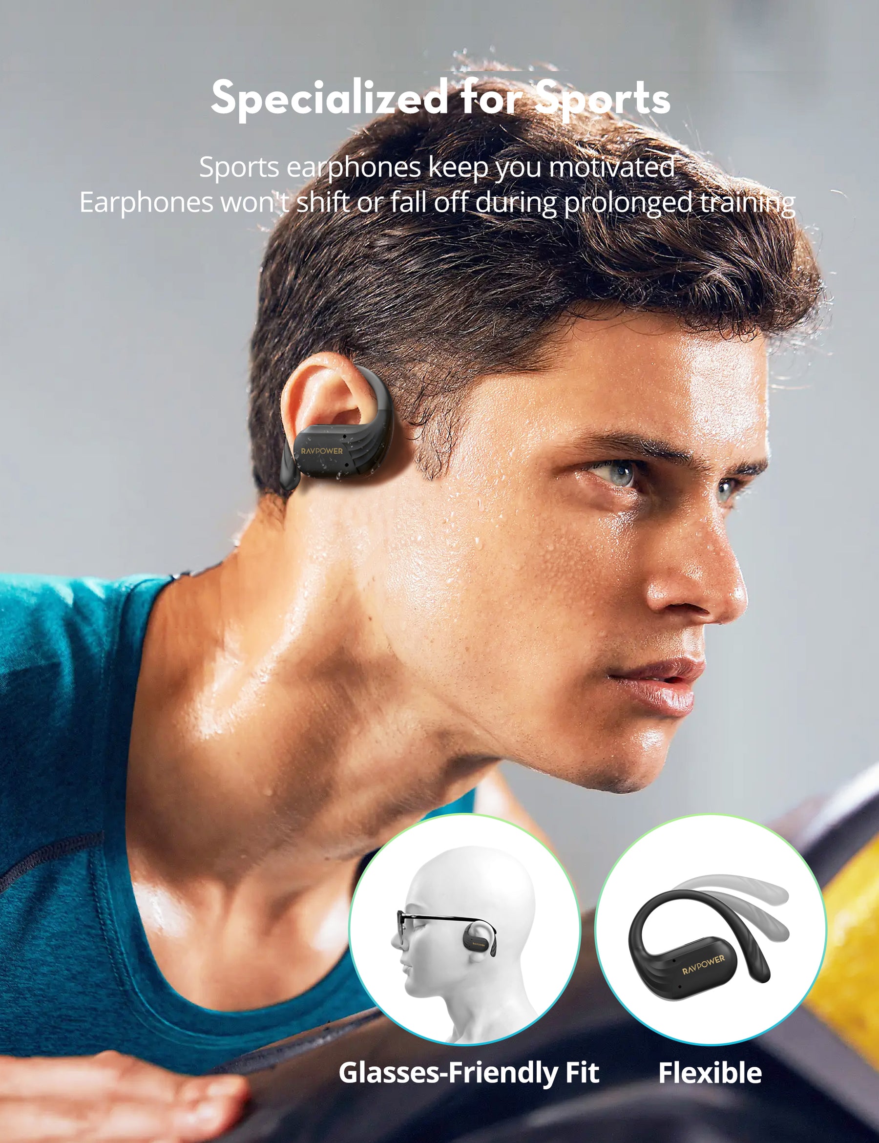 RAVPower RP-BH1016 Wireless Bluetooth Earbuds OWS HD Sound Sports Headphones