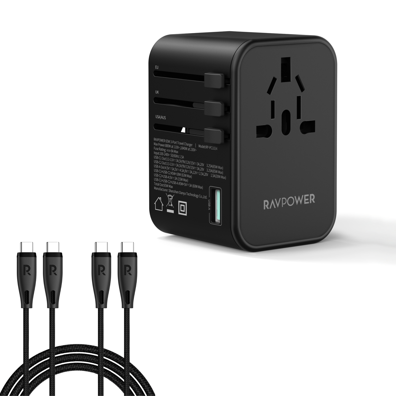 RAVPower RP-PC1034 GaN 65W Travel Adapter 4-Port PD Power Charger with 1 AC, 2 USB-C and 1 USB-A Ports + 2 Pack RAVPower RP-CB1037 60W C-C 1.2M USB2.0 3A Cable