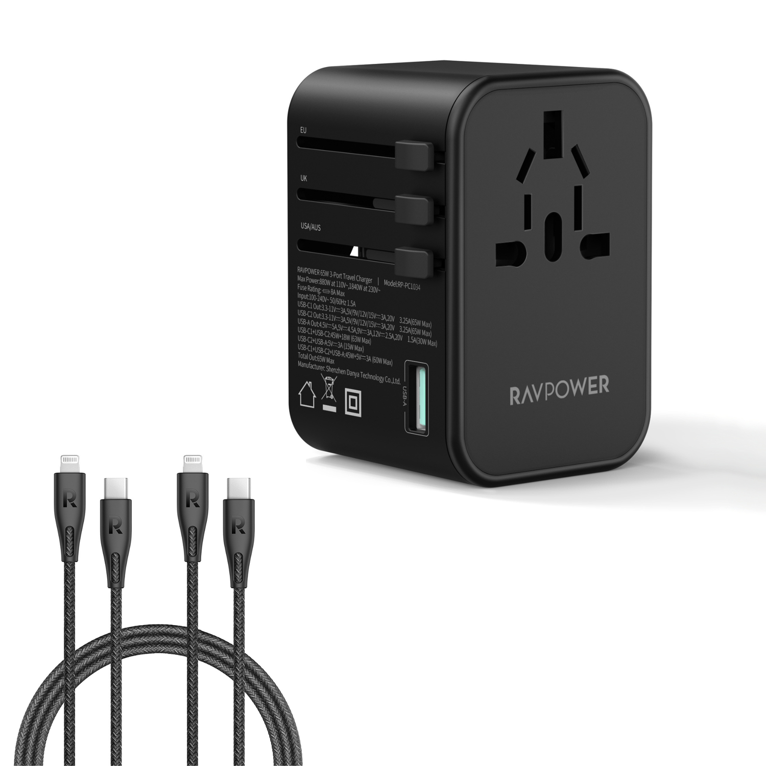 RAVPower RP-PC1034 GaN 65W Travel Adapter 4-Port PD Power Charger with 1 AC, 2 USB-C and 1 USB-A Ports + 2 Pack RAVPower RP-CB1018 Type-C to Lightning Cable 2m