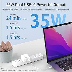 35W Dual USB-C Port Compact Power Adapter, Alfox PD 3.0 GaN PPS Type C Fast Charging Block with Foldable Plug and LED Indicator for iPhone 15 iPhone 14 Pro Max Samsung MacBook Pro Air iPad White
