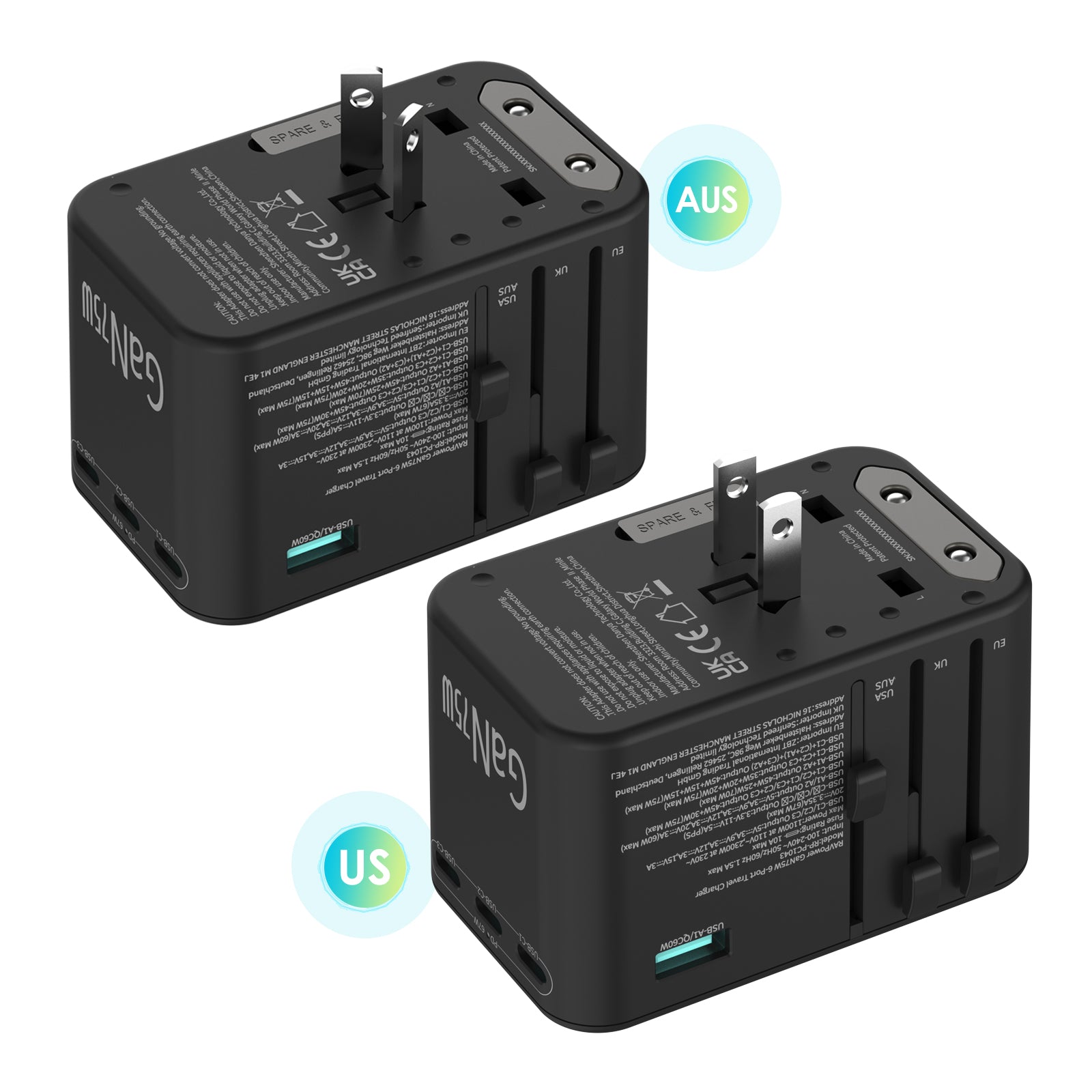 RAVPower RP-PC1043 GaN 75W Travel Adapter 6-Port PD Power Charger with 1 AC, 3 USB-C and 2 USB-A Ports