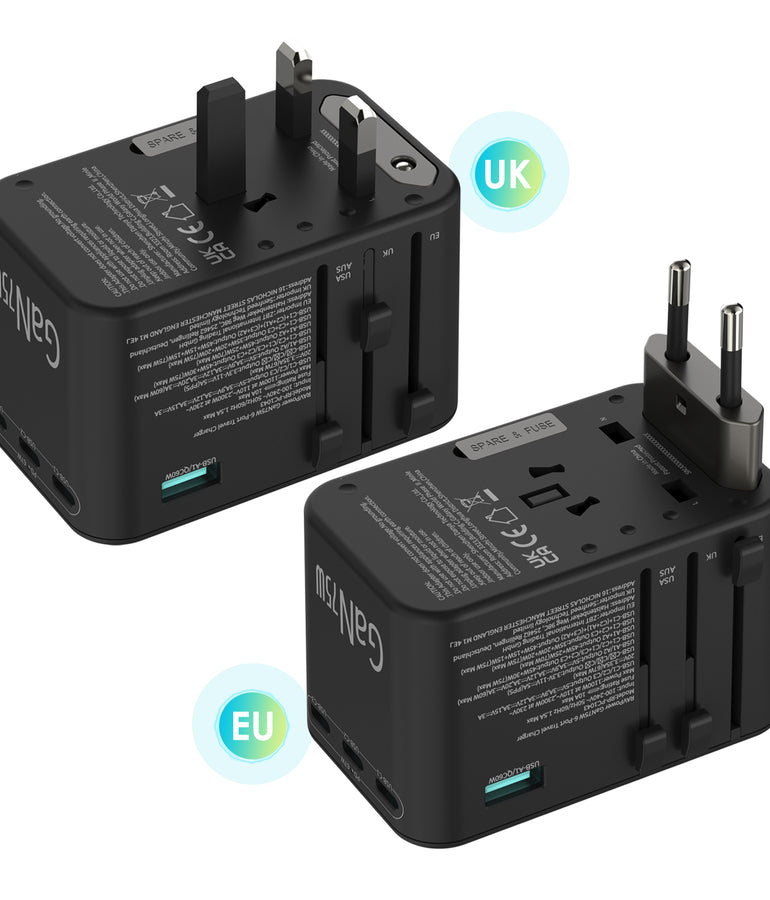 RAVPower RP-PC1043 GaN 75W Travel Adapter 6-Port PD Power Charger with 1 AC, 3 USB-C and 2 USB-A Ports