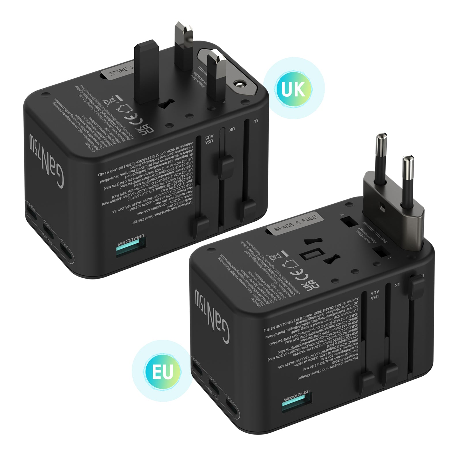 RAVPower RP-PC1043 GaN 75W Travel Adapter 6-Port PD Power Charger with 1 AC, 3 USB-C and 2 USB-A Ports