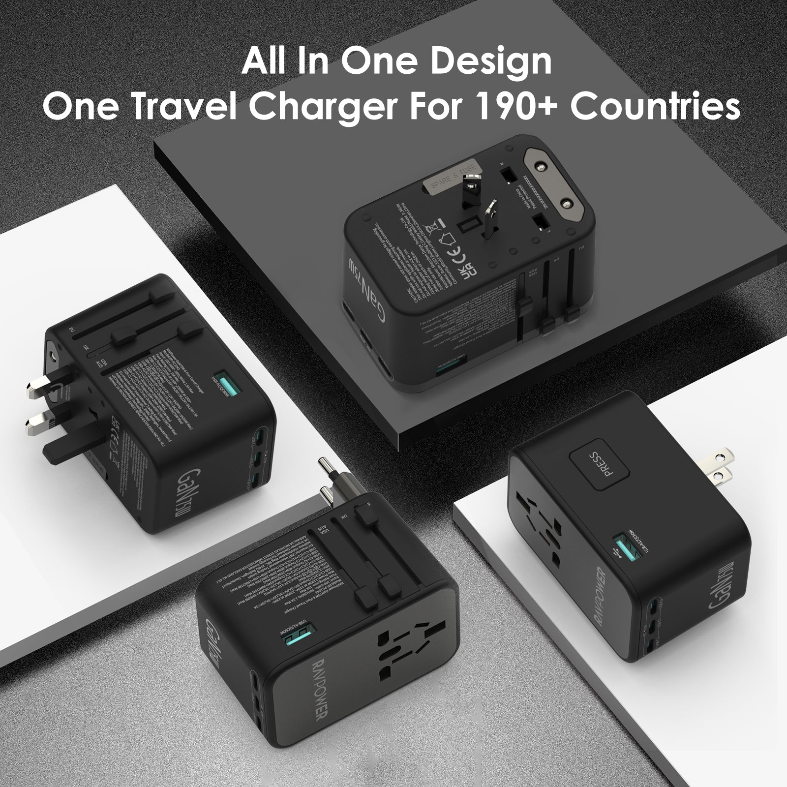 RAVPower RP-PC1043 GaN 75W Travel Adapter 6-Port PD Power Charger with 1 AC, 3 USB-C and 2 USB-A Ports