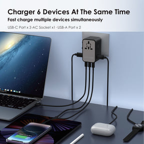 RAVPower RP-PC1043 GaN 75W Travel Adapter 6-Port PD Power Charger with 1 AC, 3 USB-C and 2 USB-A Ports