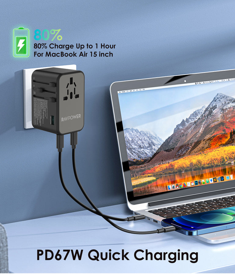RAVPower RP-PC1043 GaN 75W Travel Adapter 6-Port PD Power Charger with 1 AC, 3 USB-C and 2 USB-A Ports