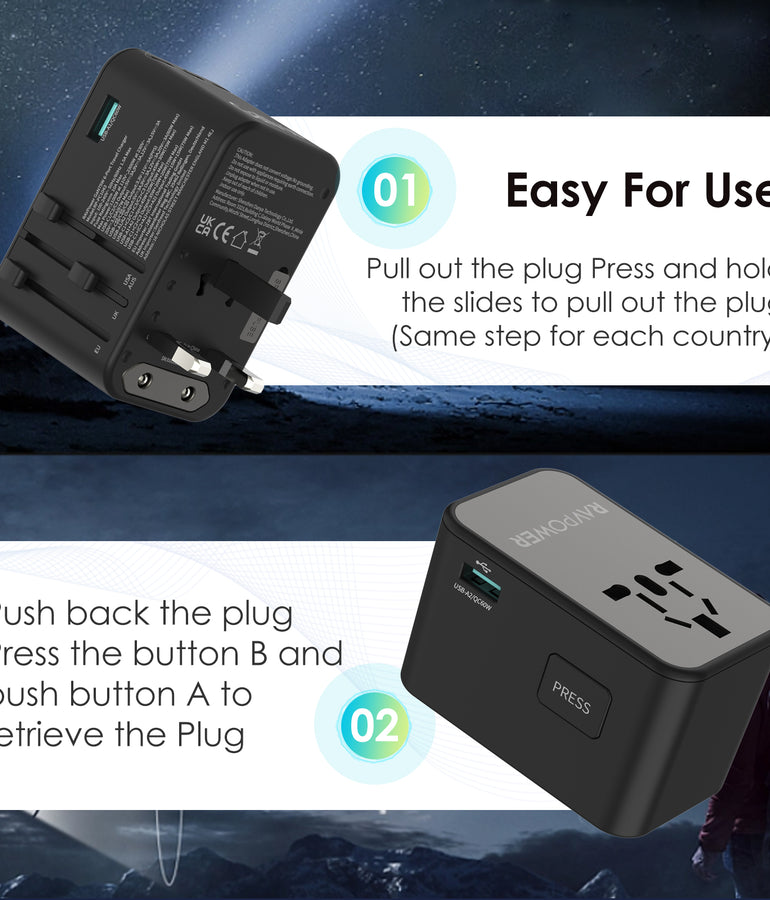RAVPower RP-PC1043 GaN 75W Travel Adapter 6-Port PD Power Charger with 1 AC, 3 USB-C and 2 USB-A Ports