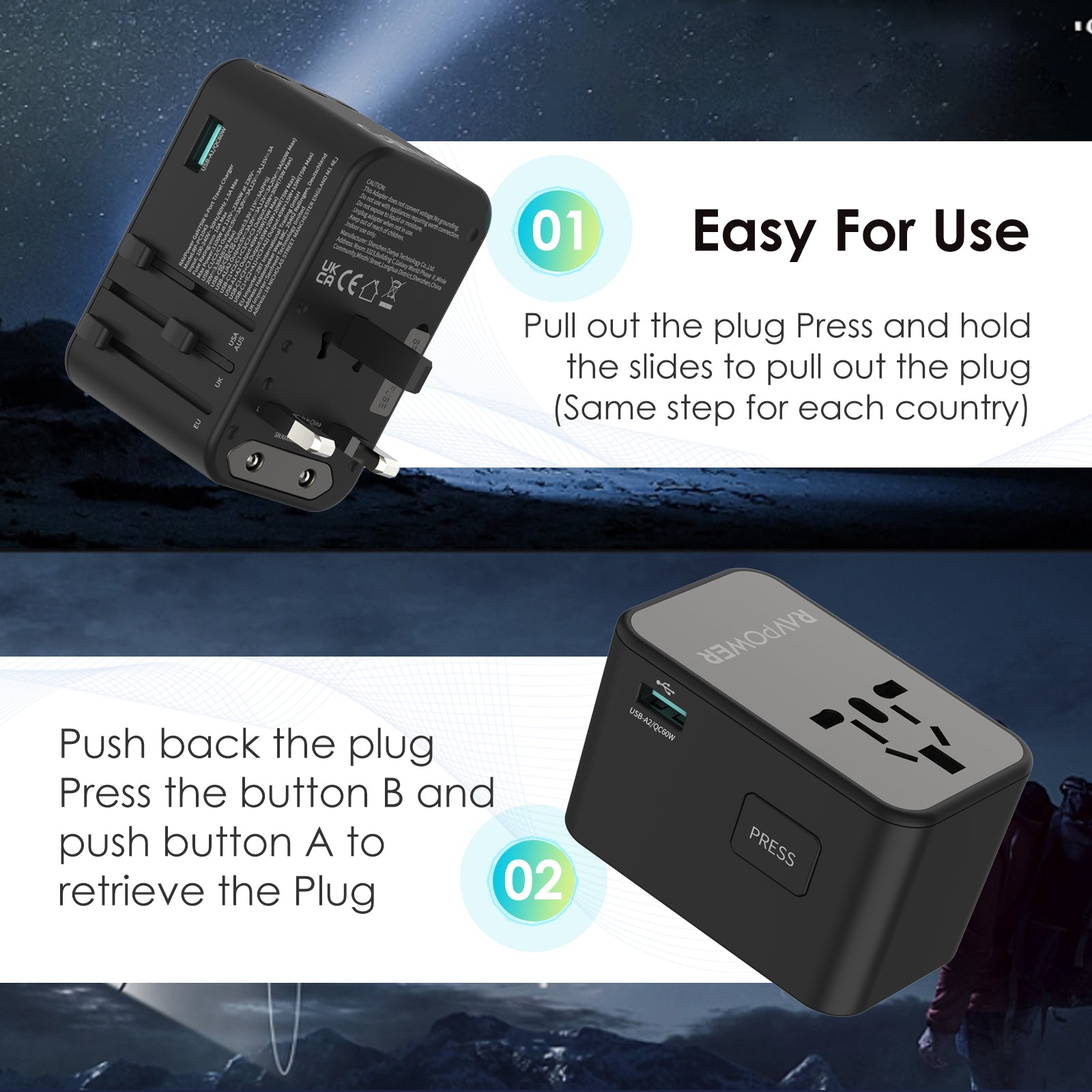 RAVPower RP-PC1043 GaN 75W Travel Adapter 6-Port PD Power Charger with 1 AC, 3 USB-C and 2 USB-A Ports