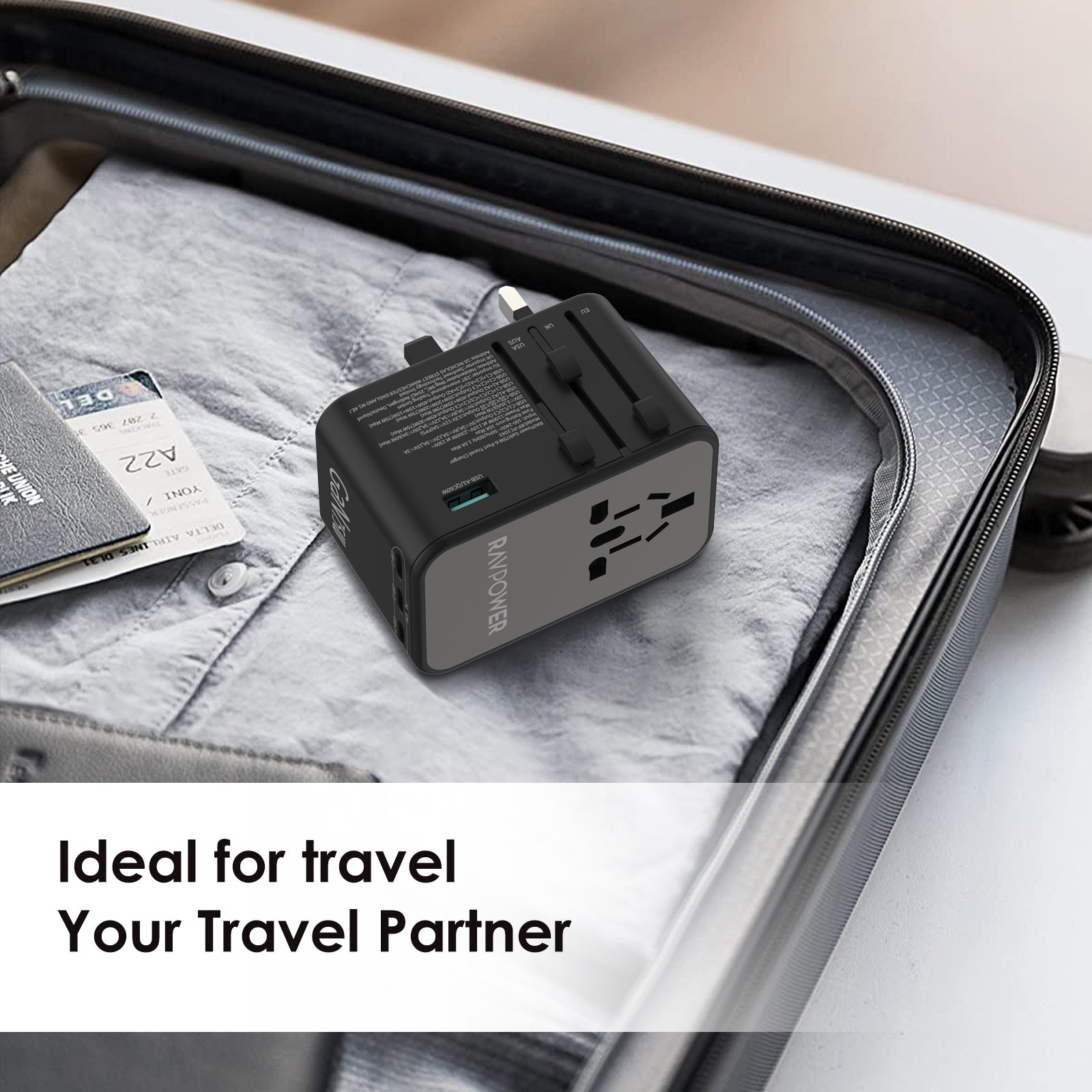 RAVPower RP-PC1043 GaN 75W Travel Adapter 6-Port PD Power Charger with 1 AC, 3 USB-C and 2 USB-A Ports