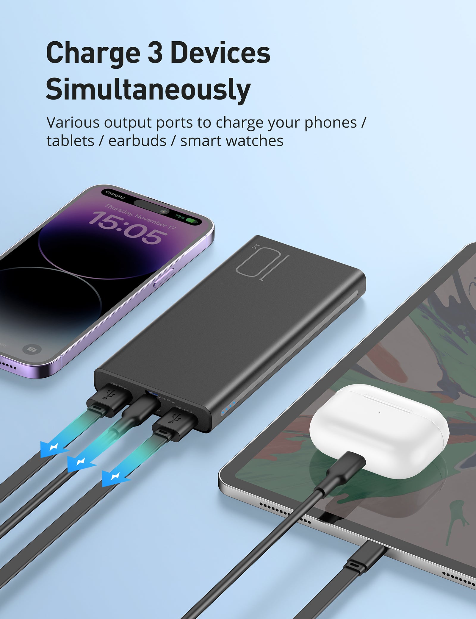 Alfox 10000mAh 15W Power Bank with USB-C Charging 5V 3A, 2 Pcs