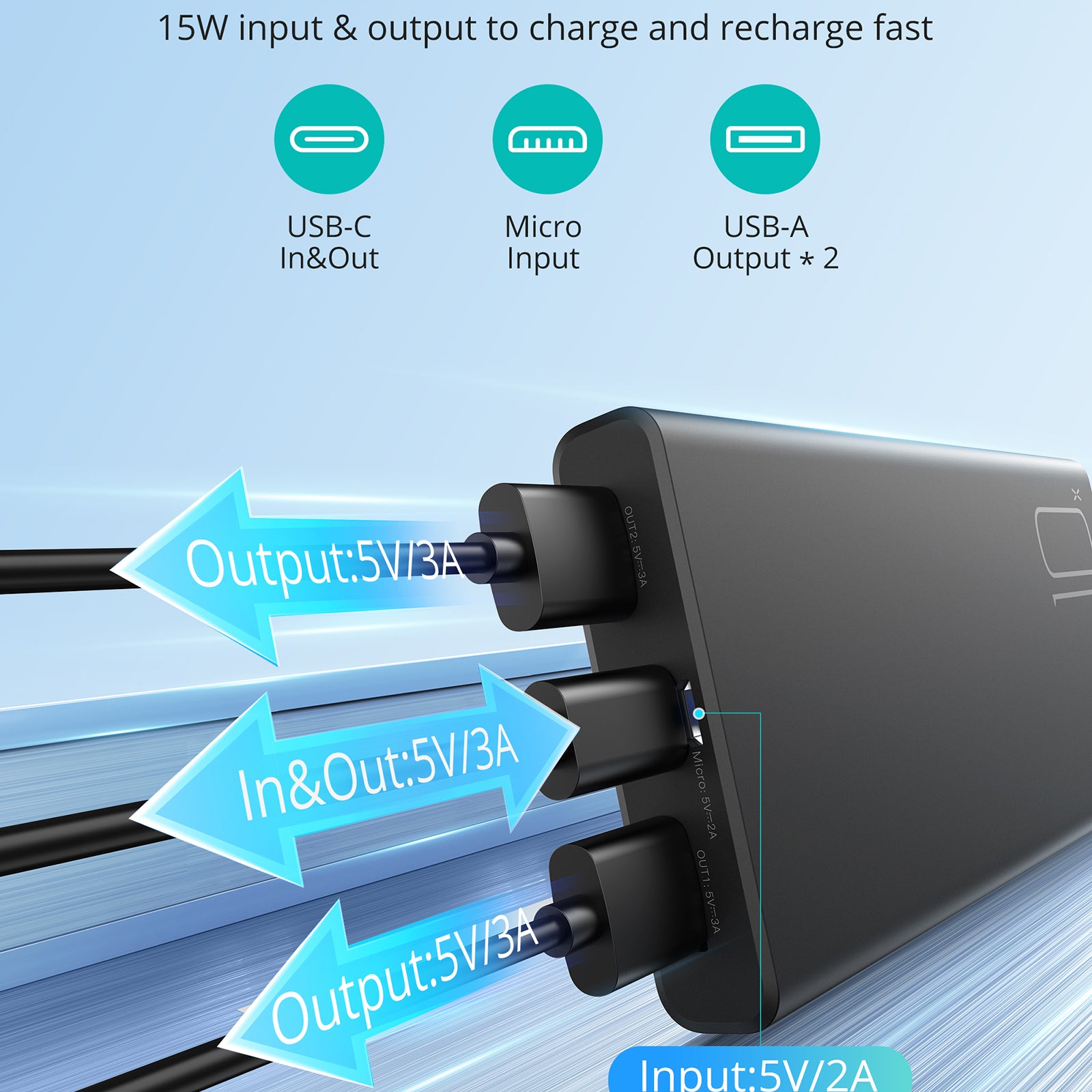 RAVPower AF-PB010 batterie externe 10 000 mAh 15 W avec charge USB‑C 5 V 3 A, lot de 2