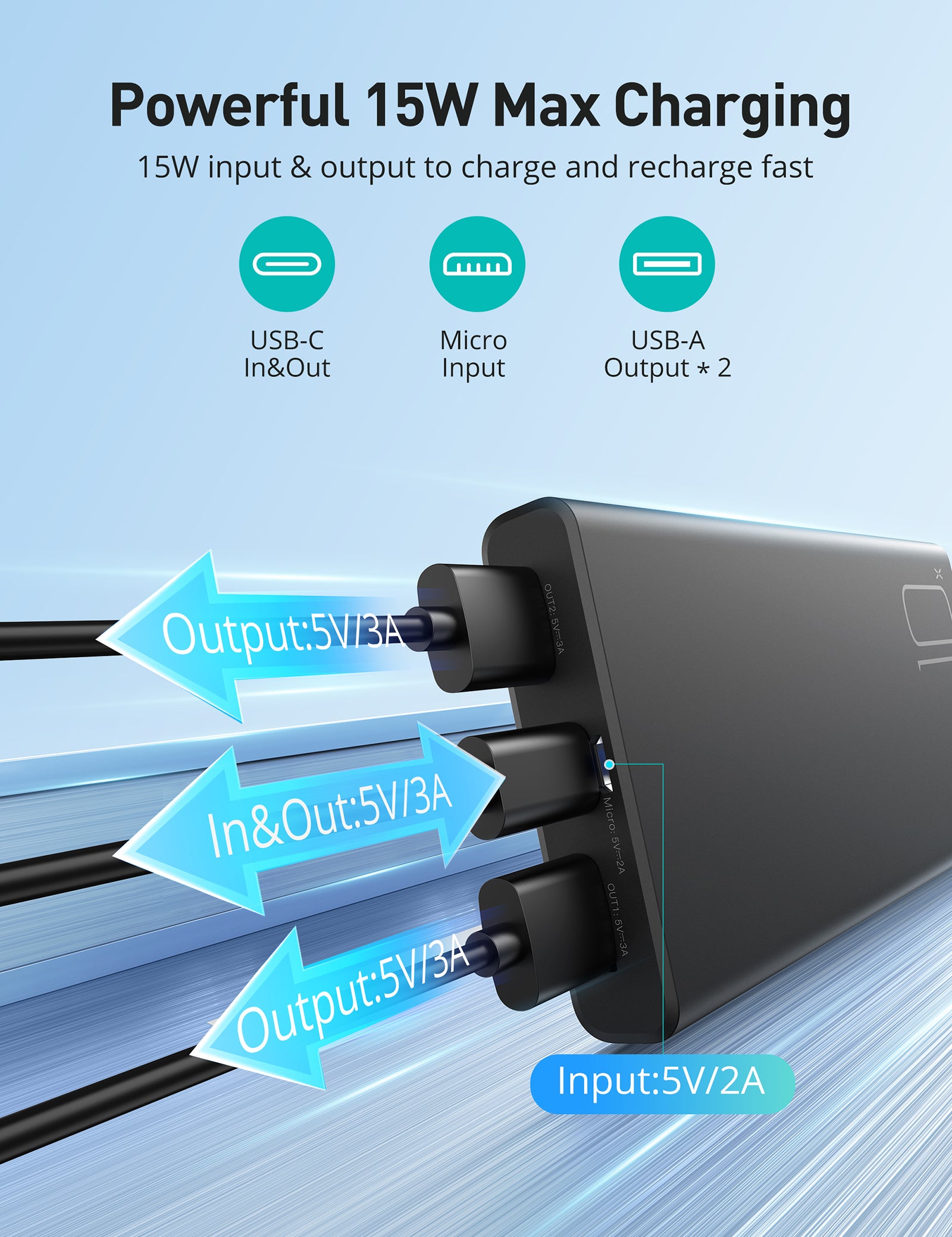 Alfox 10000mAh 15W Power Bank with USB-C Charging 5V 3A, 2 Pcs