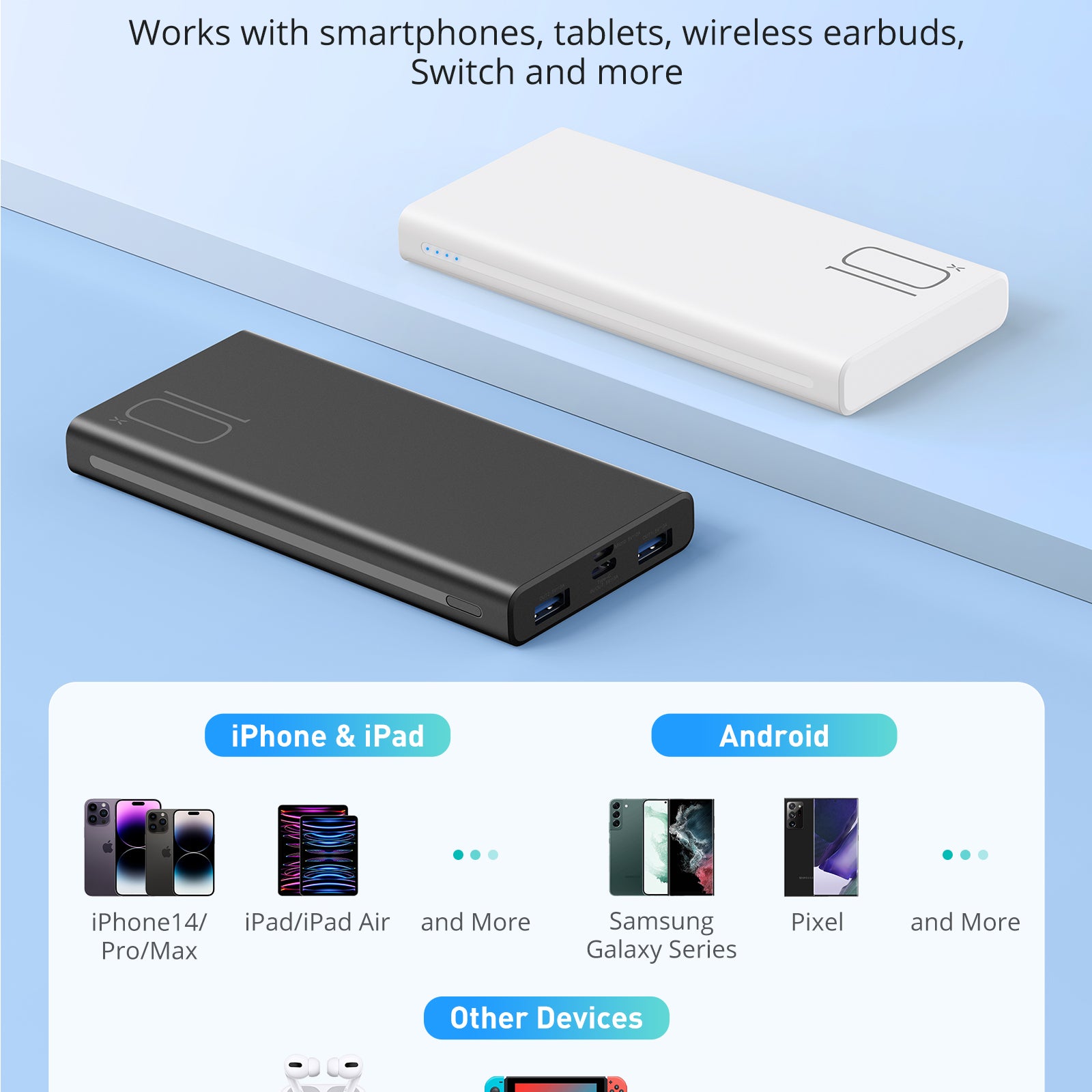 RAVPower AF-PB010 batterie externe 10 000 mAh 15 W avec charge USB‑C 5 V 3 A, lot de 2