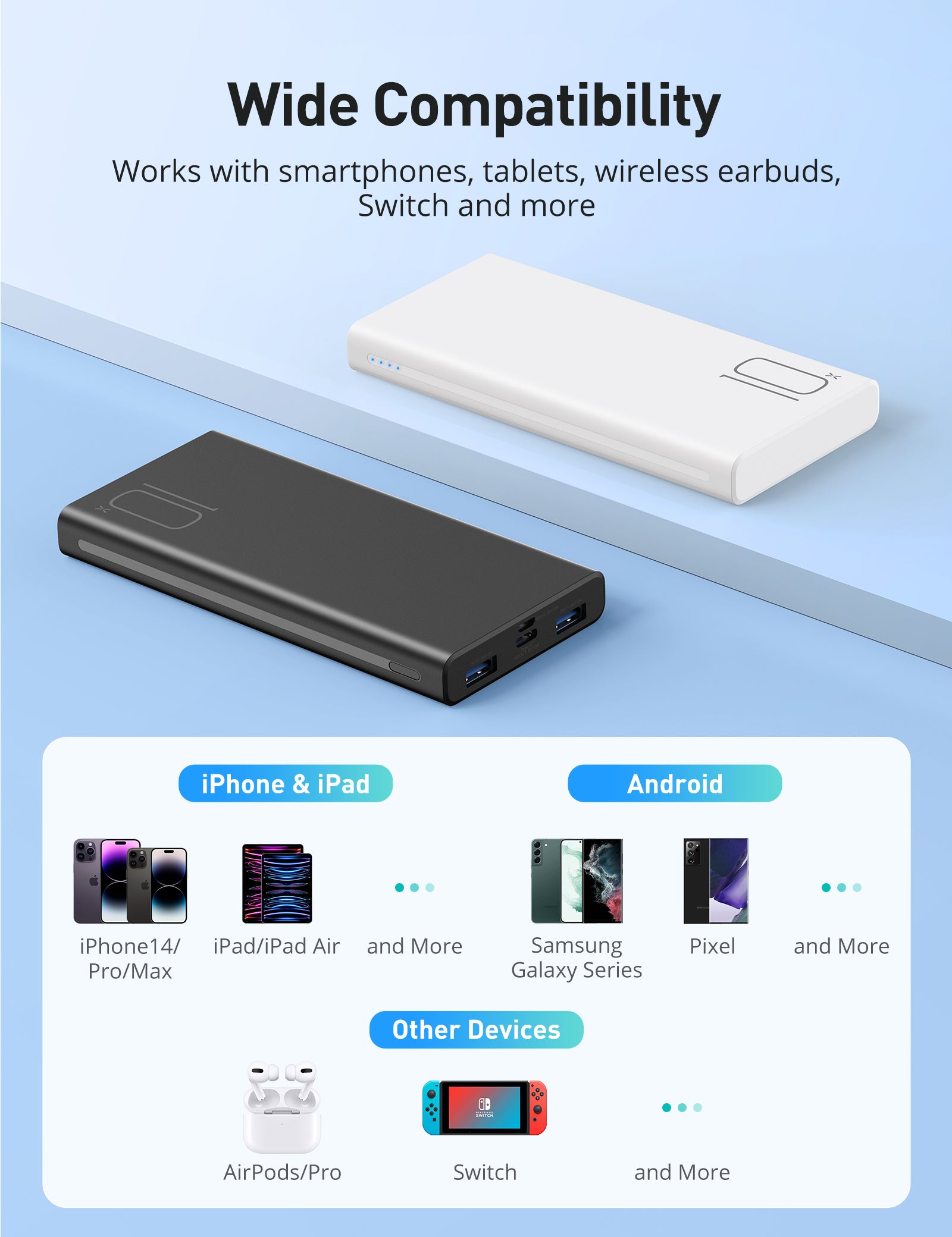 RAVPower AF-PB010 batterie externe 10 000 mAh 15 W avec charge USB‑C 5 V 3 A, lot de 2