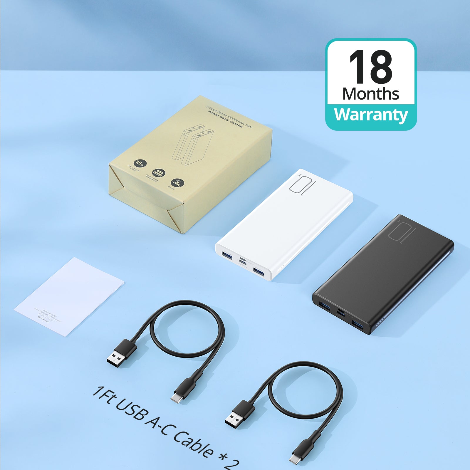RAVPower AF-PB010 batterie externe 10 000 mAh 15 W avec charge USB‑C 5 V 3 A, lot de 2