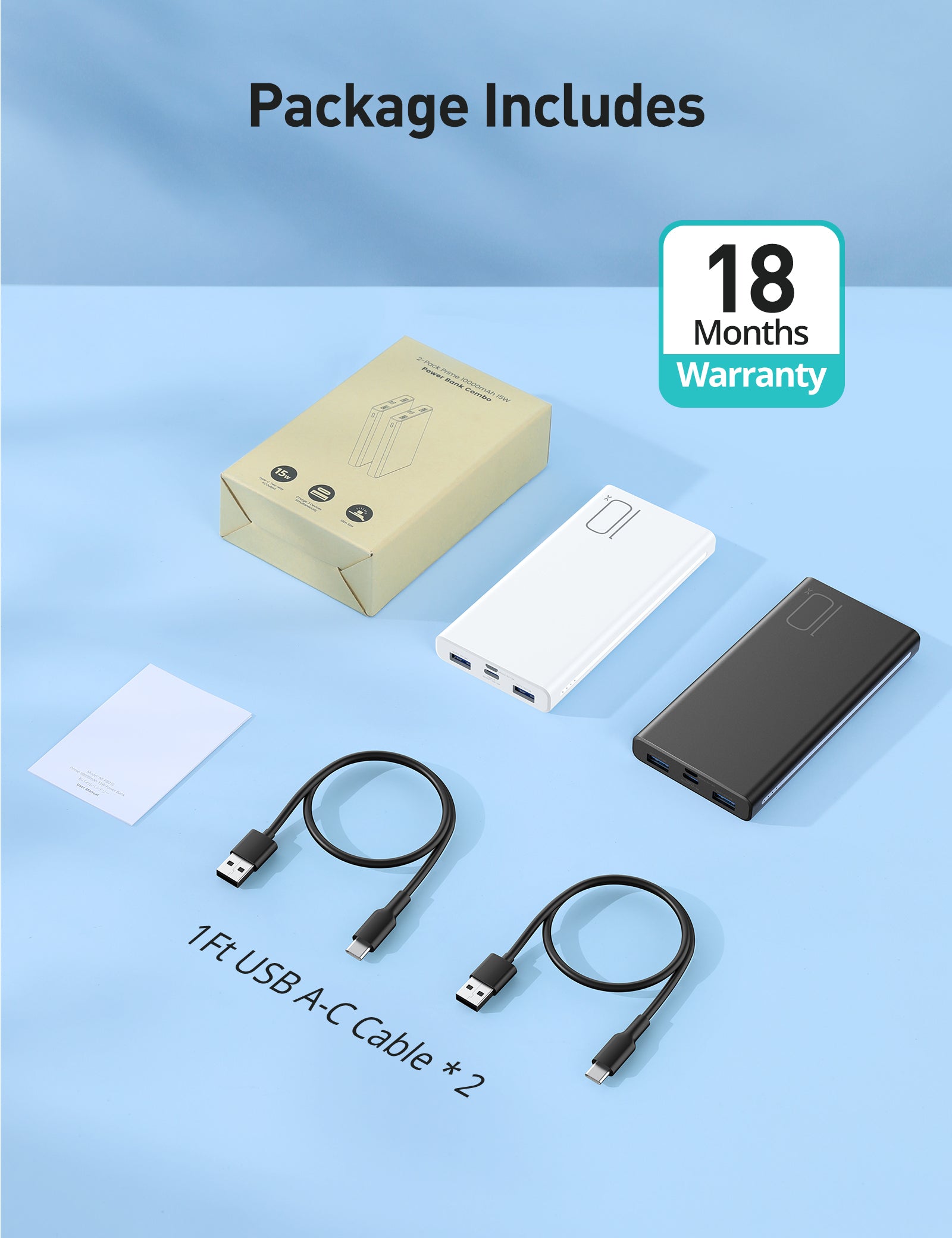 RAVPower AF-PB010 batterie externe 10 000 mAh 15 W avec charge USB‑C 5 V 3 A, lot de 2