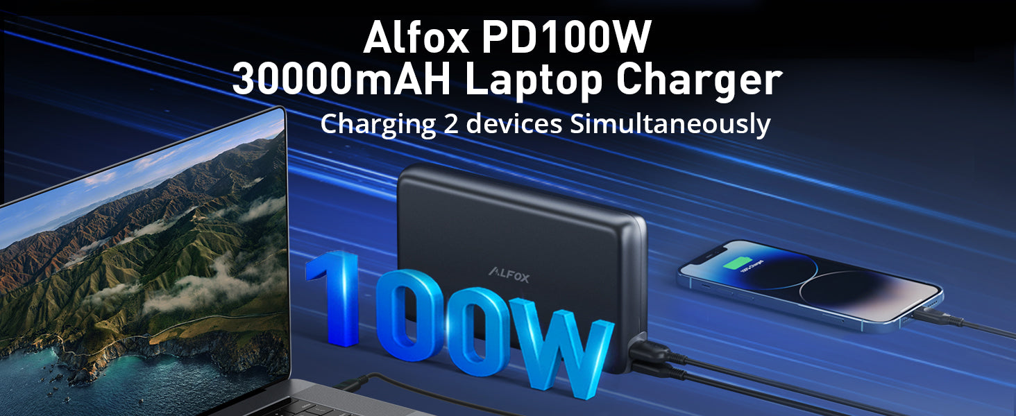 Alfox 30000mAh 100W 2-Port PD 3.0 + QC 3.0 Power Bank